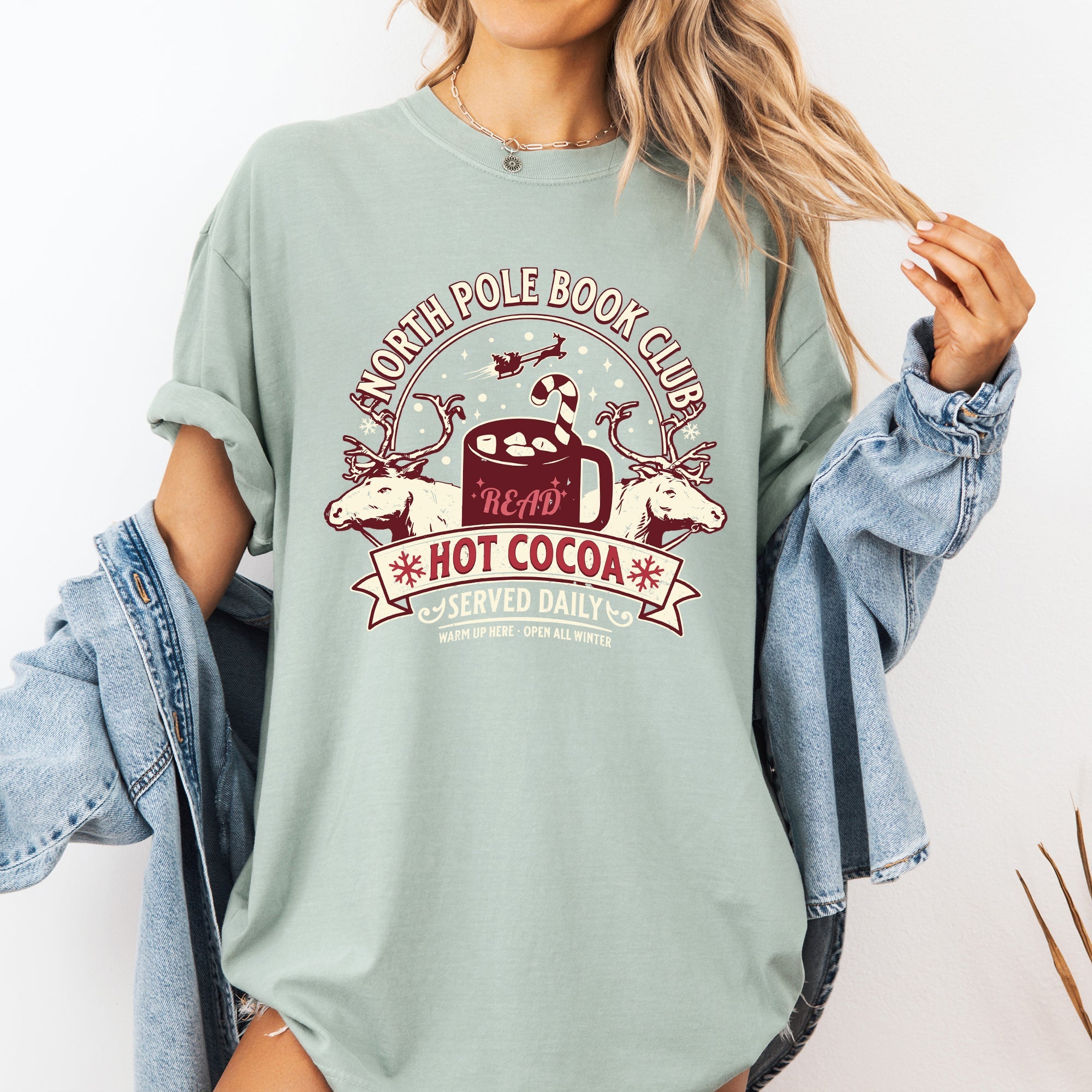 North Pole Book Club Reading Christmas Santa Reindeer Winter Xmas Comfort Colors Tee