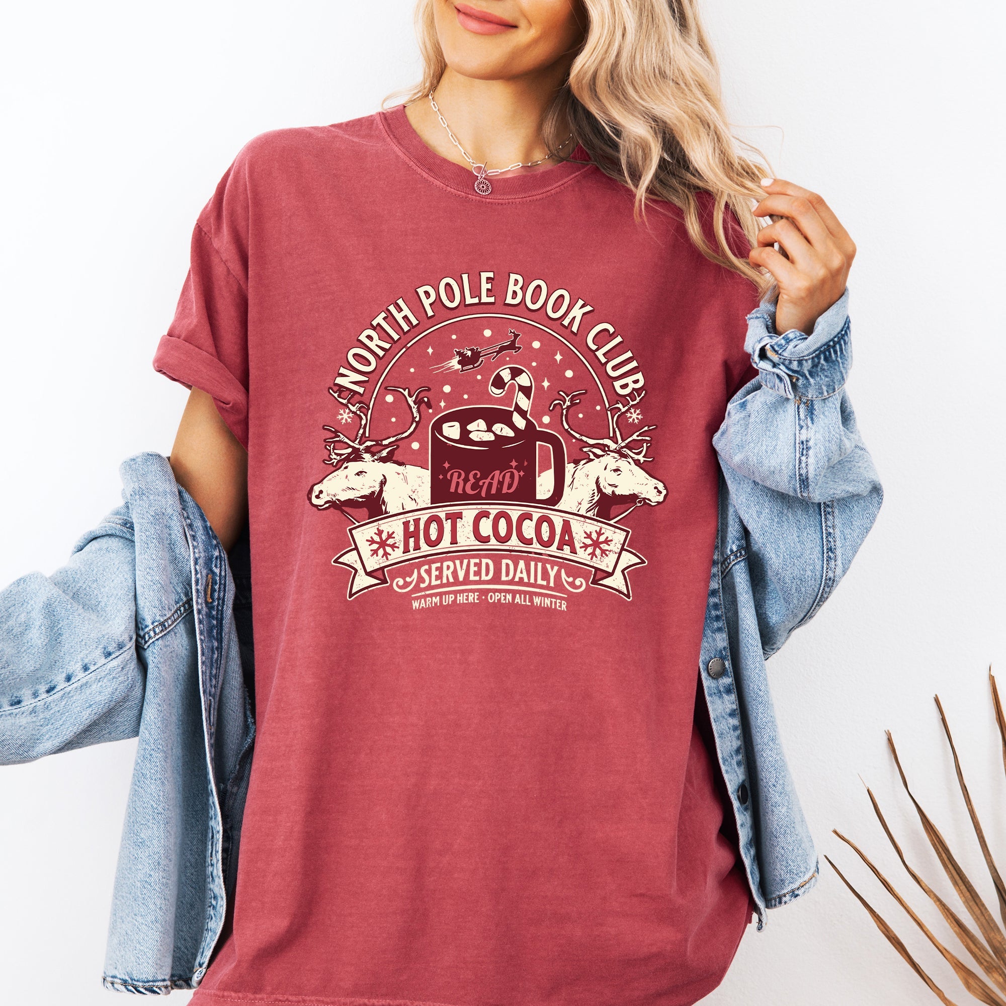 North Pole Book Club Reading Christmas Santa Reindeer Winter Xmas Comfort Colors Tee