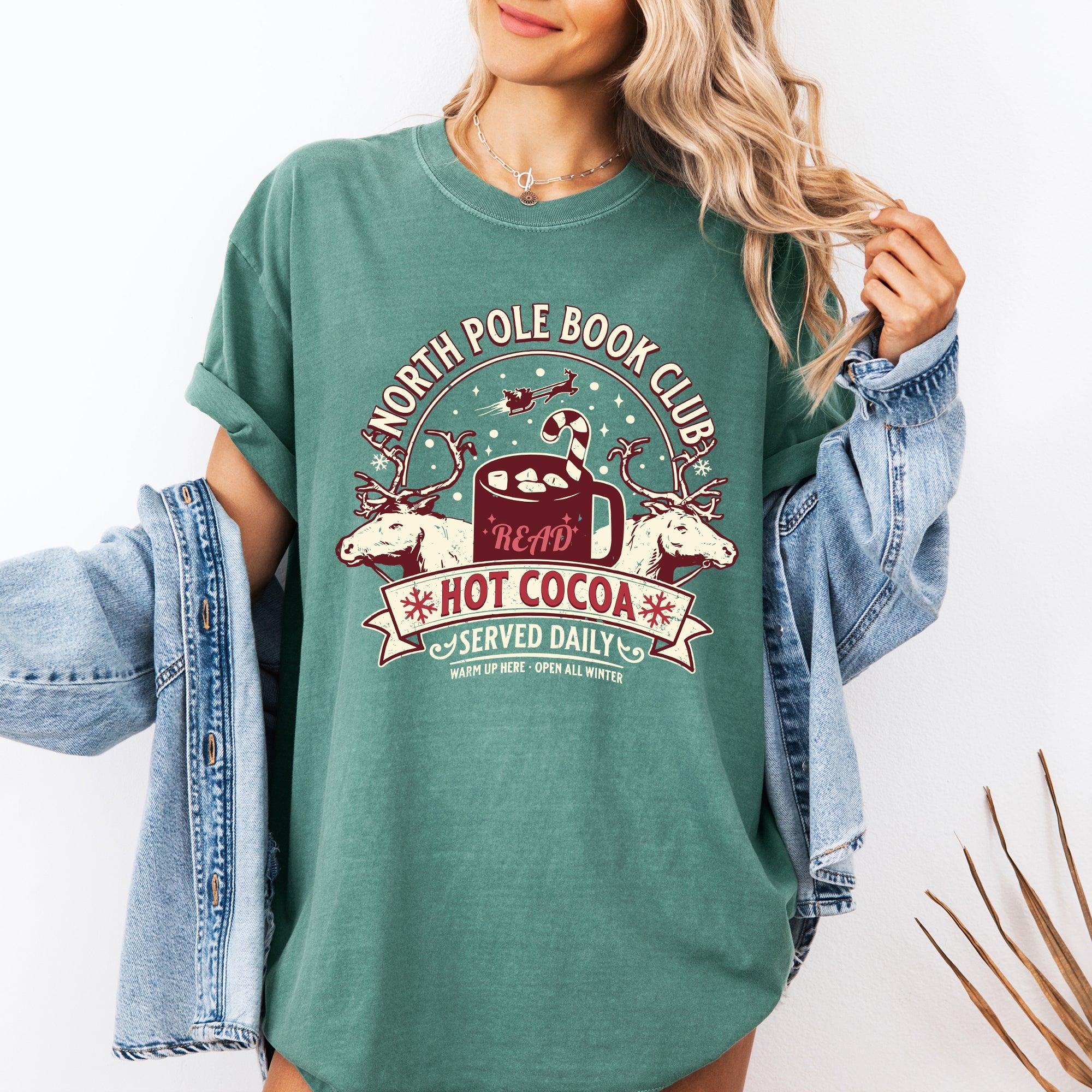 North Pole Book Club Reading Christmas Santa Reindeer Winter Xmas Comfort Colors Tee