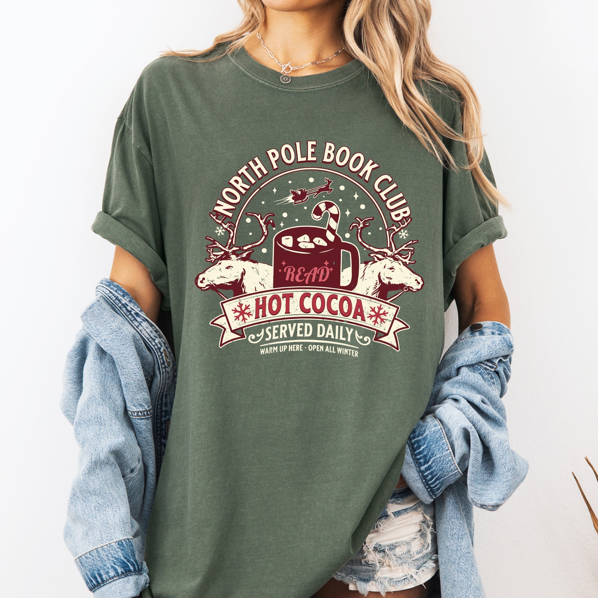 North Pole Book Club Reading Christmas Santa Reindeer Winter Xmas Comfort Colors Tee