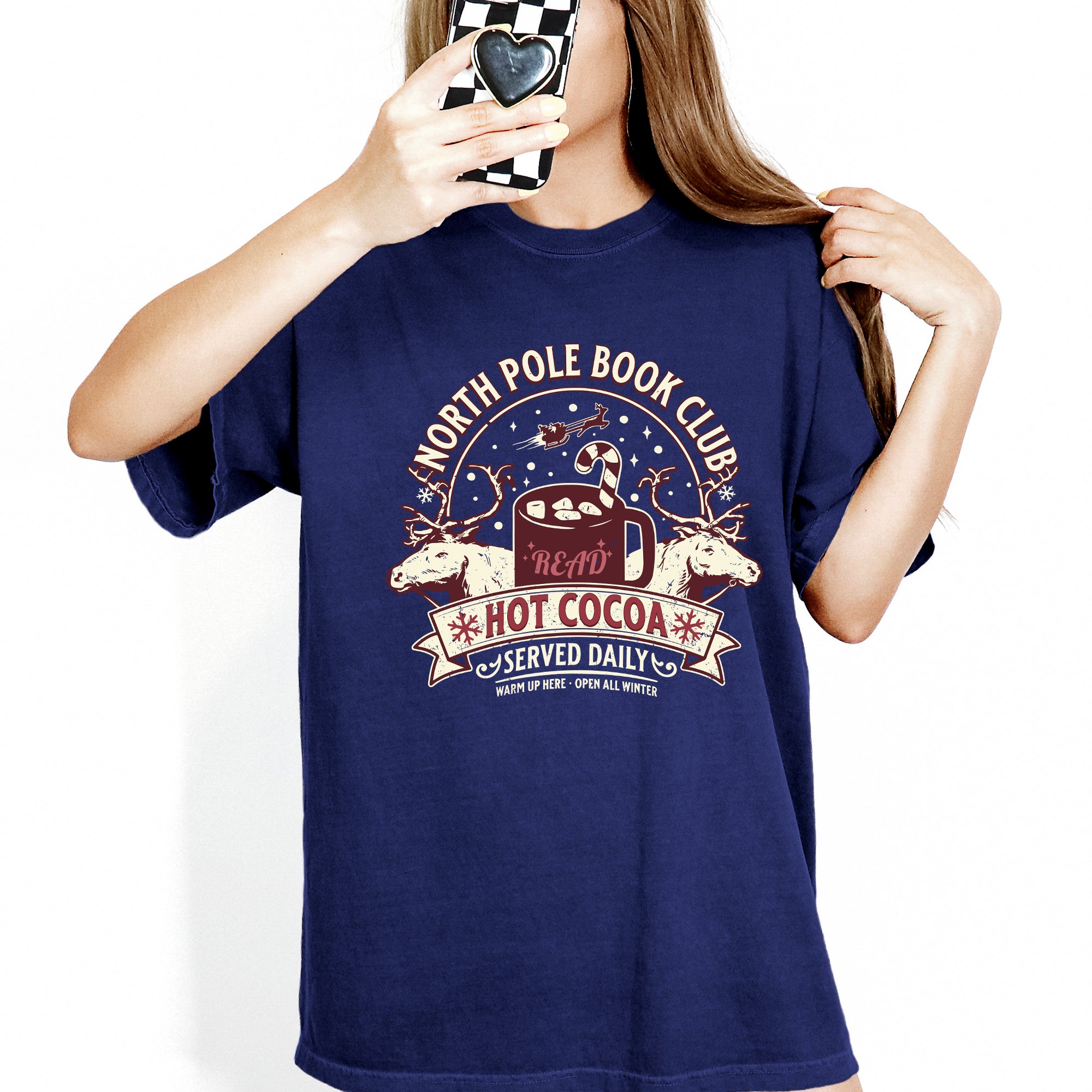 North Pole Book Club Reading Christmas Santa Reindeer Winter Xmas Comfort Colors Tee