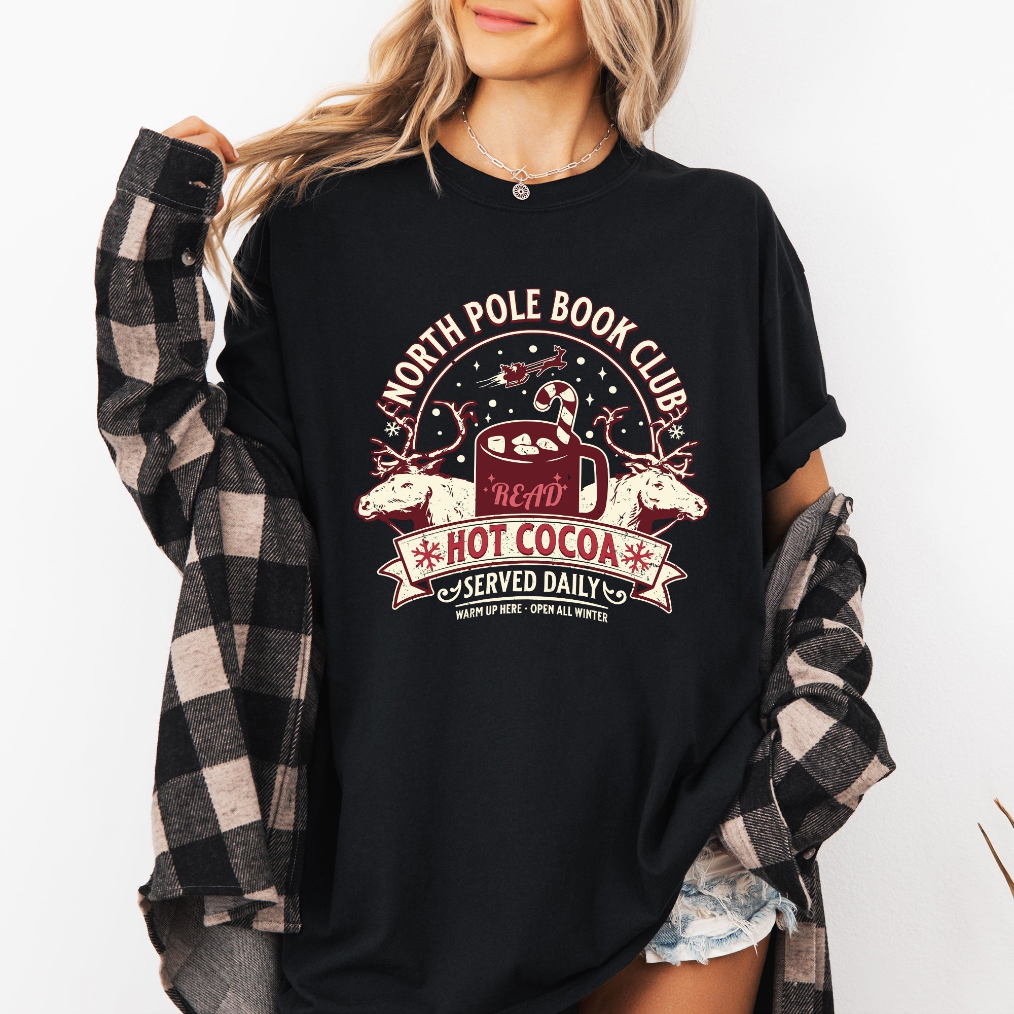 North Pole Book Club Reading Christmas Santa Reindeer Winter Xmas Comfort Colors Tee