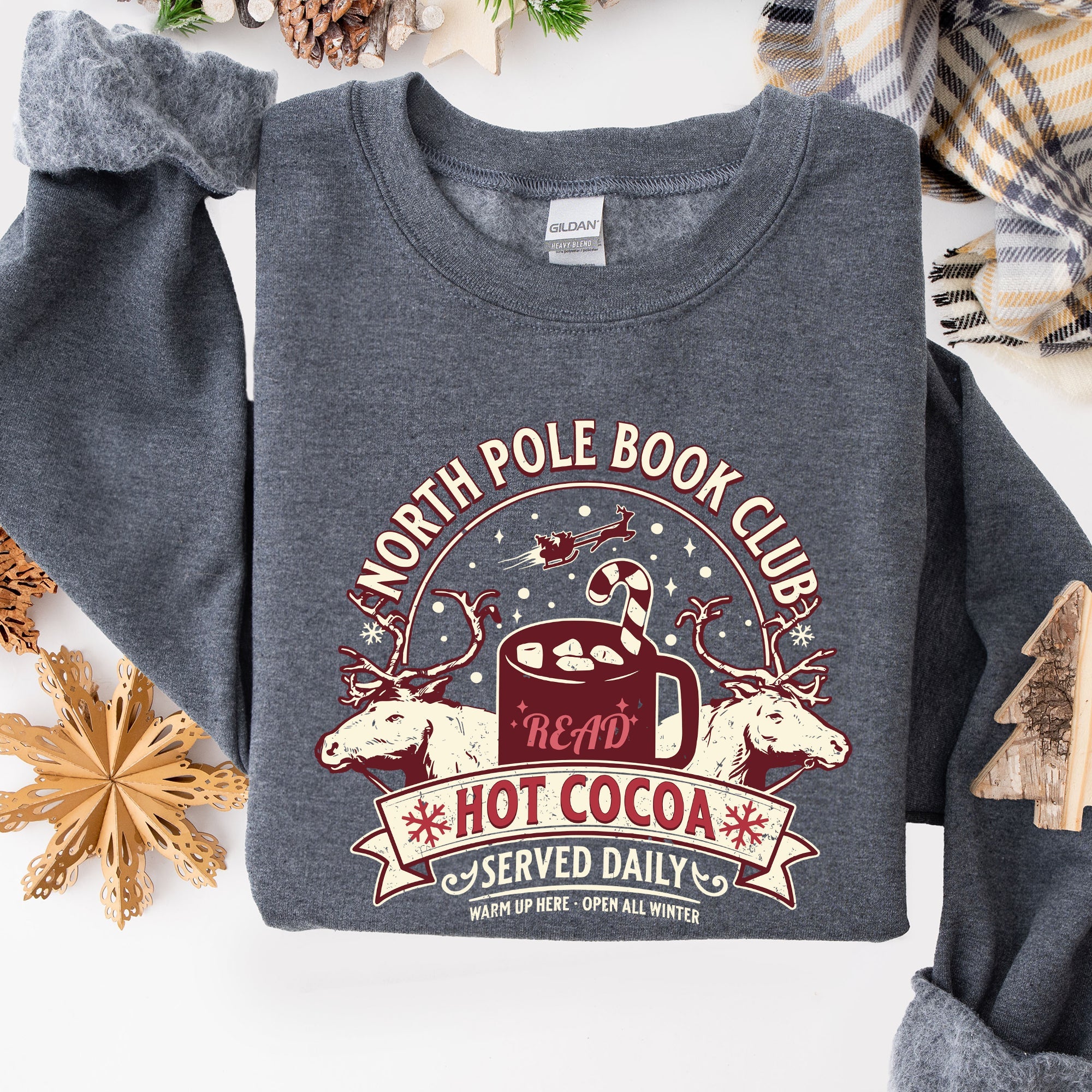 North Pole Book Club Reading Christmas Santa Reindeer Winter Xmas Holiday Sweatshirt