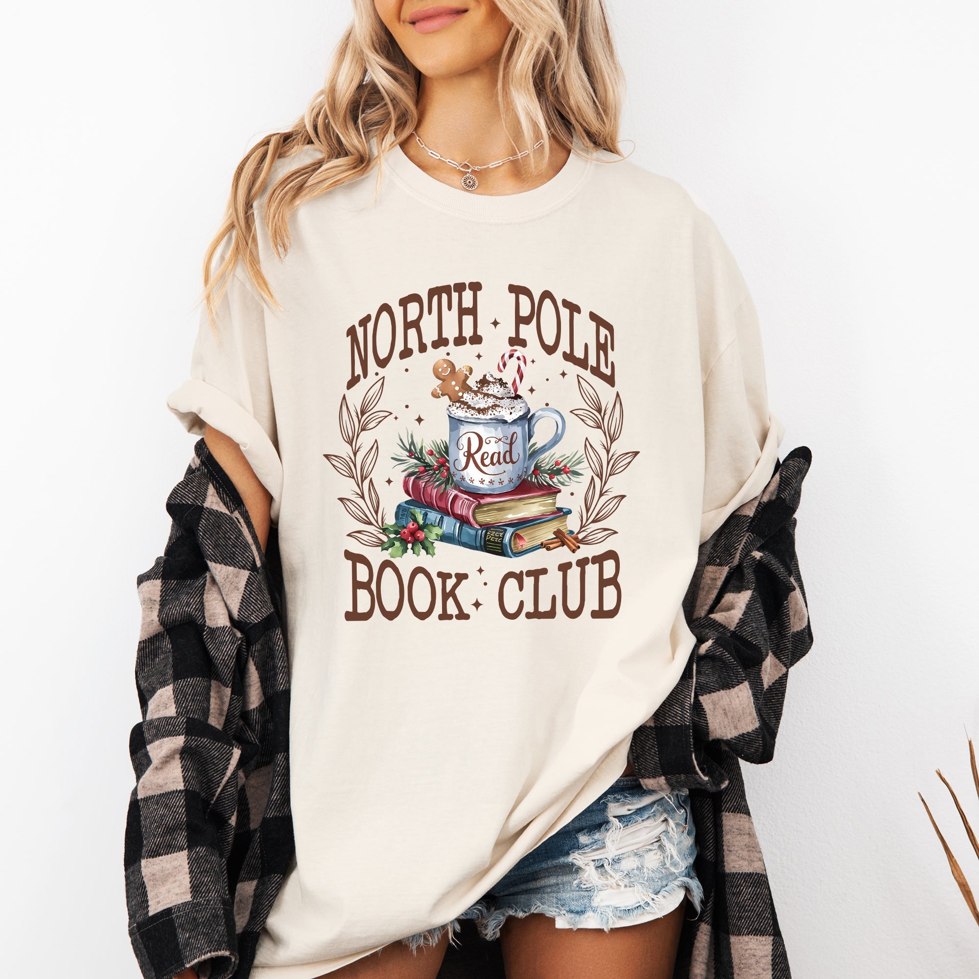 North Pole Book Club Reading Teacher Cozy Christmas Santa Library Comfort Colors Tee