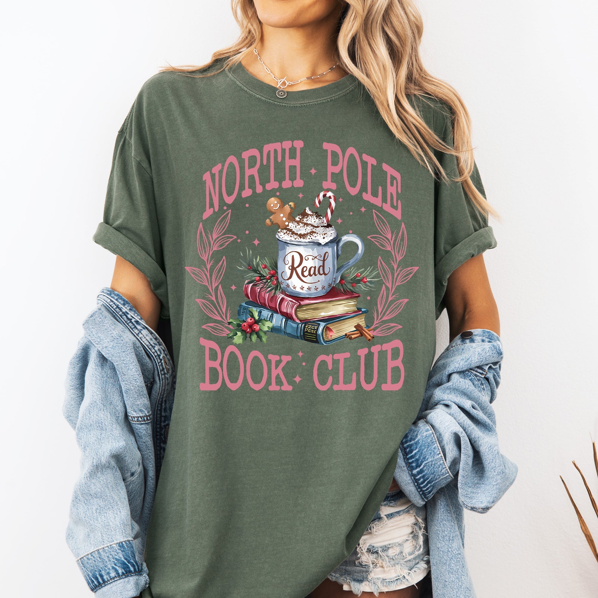 North Pole Book Club Reading Teacher Cozy Christmas Santa Library Comfort Colors Tee
