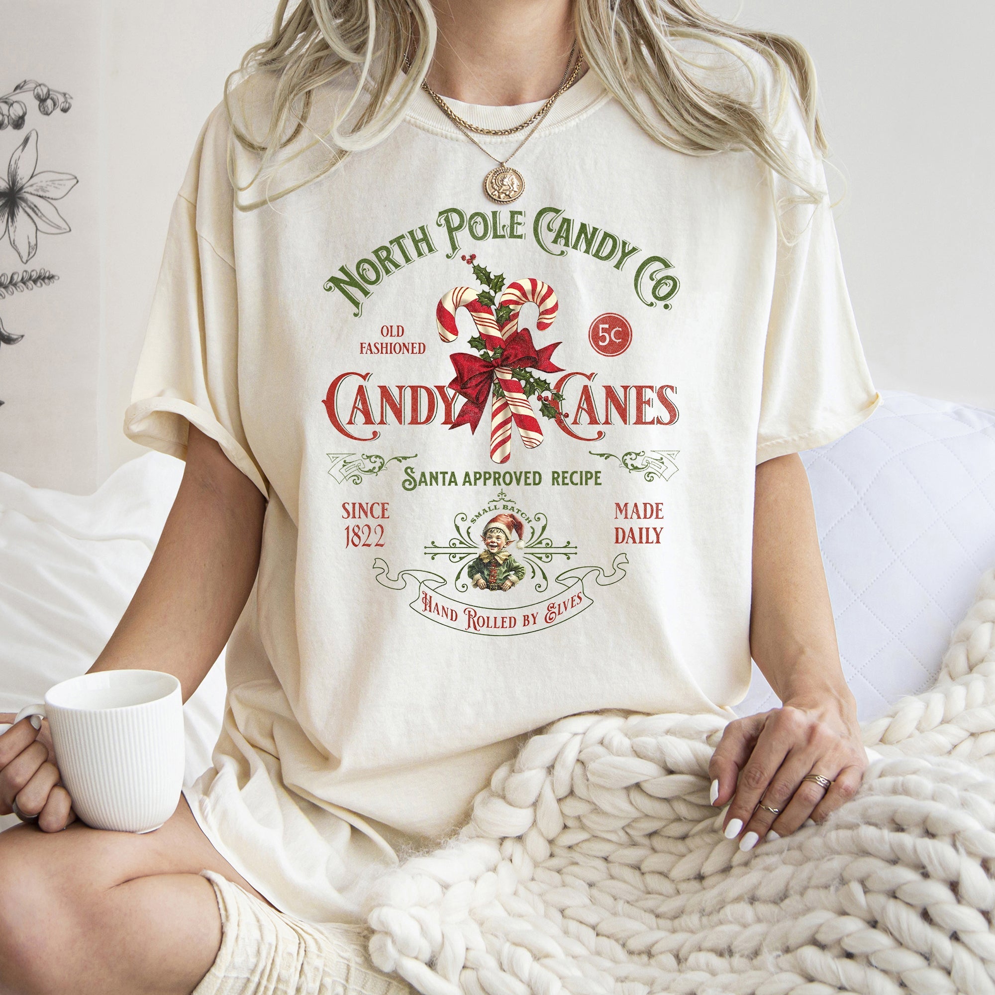 North Pole Candy Company Christmas Retro Sign Nostalgic Holiday Storefront Display Comfort Colors Tee