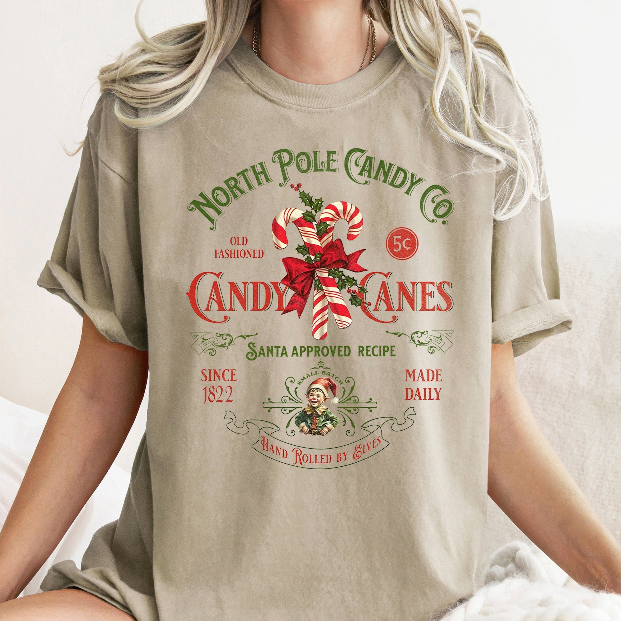 North Pole Candy Company Christmas Retro Sign Nostalgic Holiday Storefront Display Comfort Colors Tee