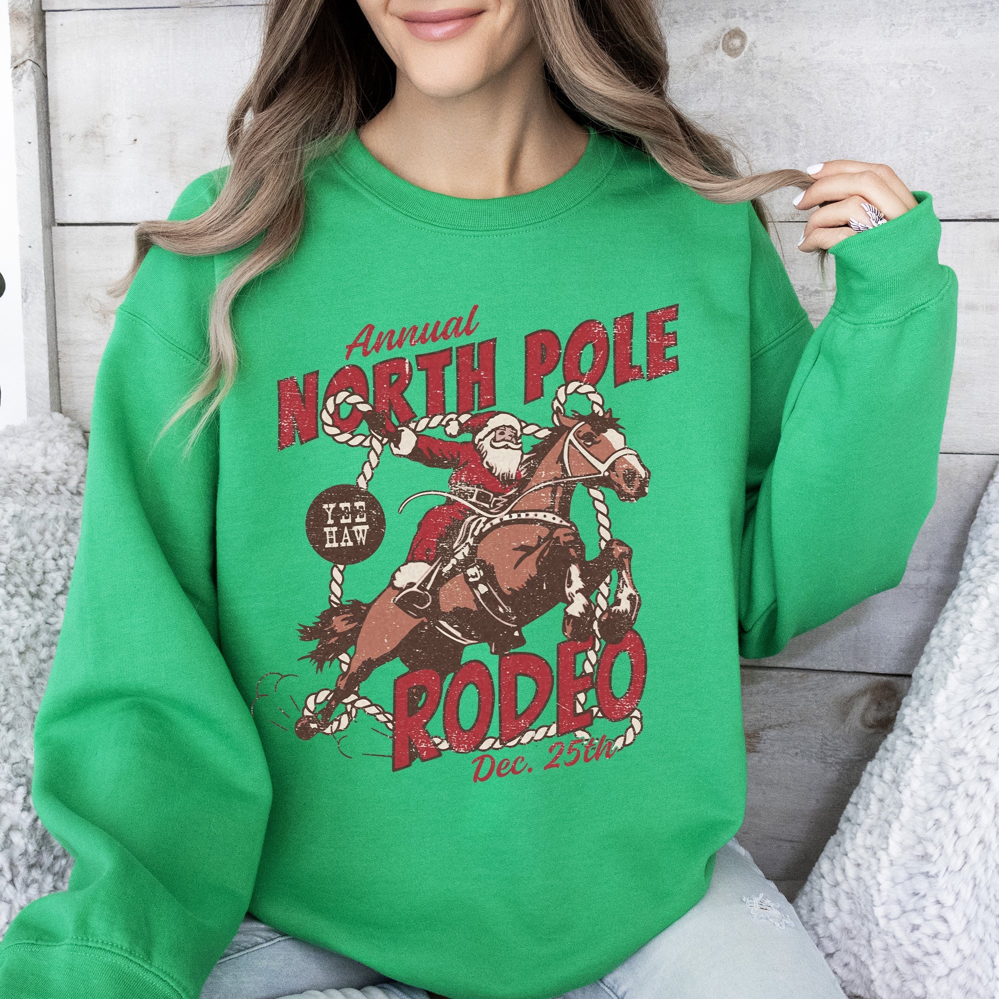 North Pole Rode Santa Christmas Western Cowboy Yee Haw Horse Holiday Theme Sweatshirt