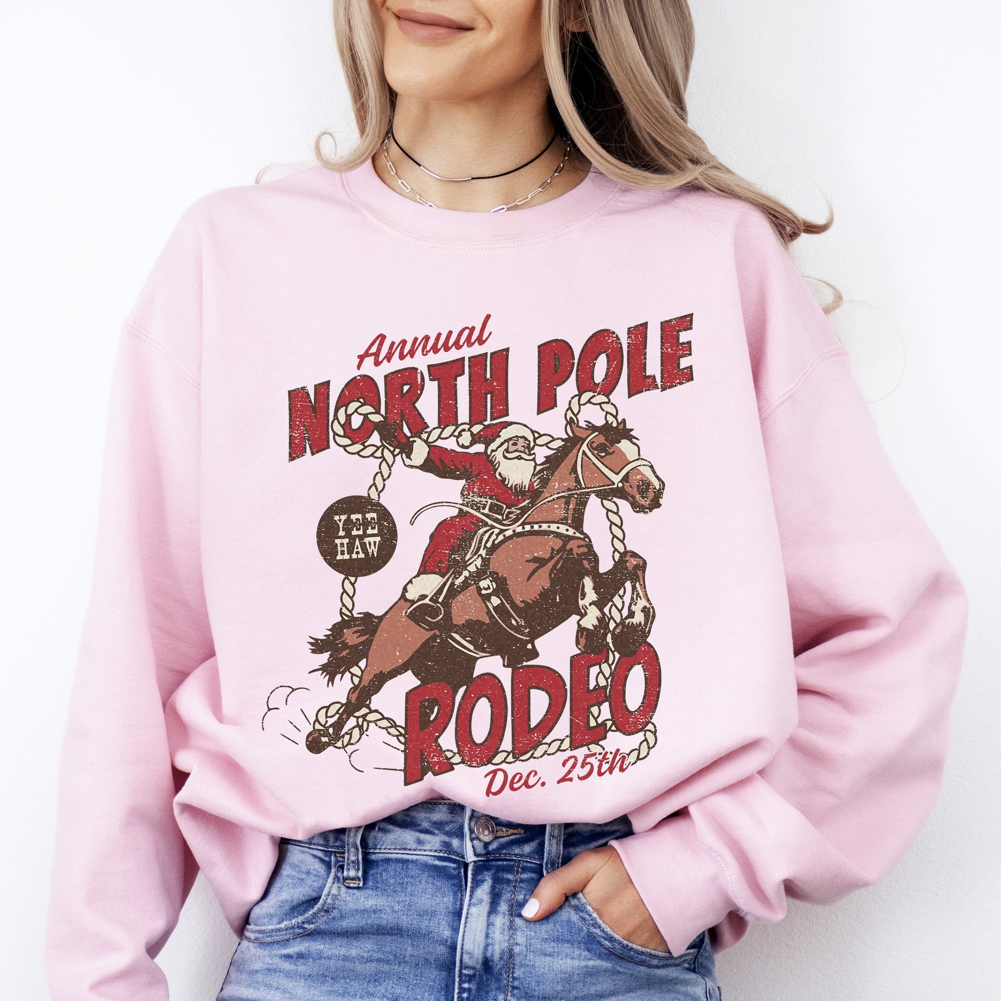 North Pole Rode Santa Christmas Western Cowboy Yee Haw Horse Holiday Theme Sweatshirt