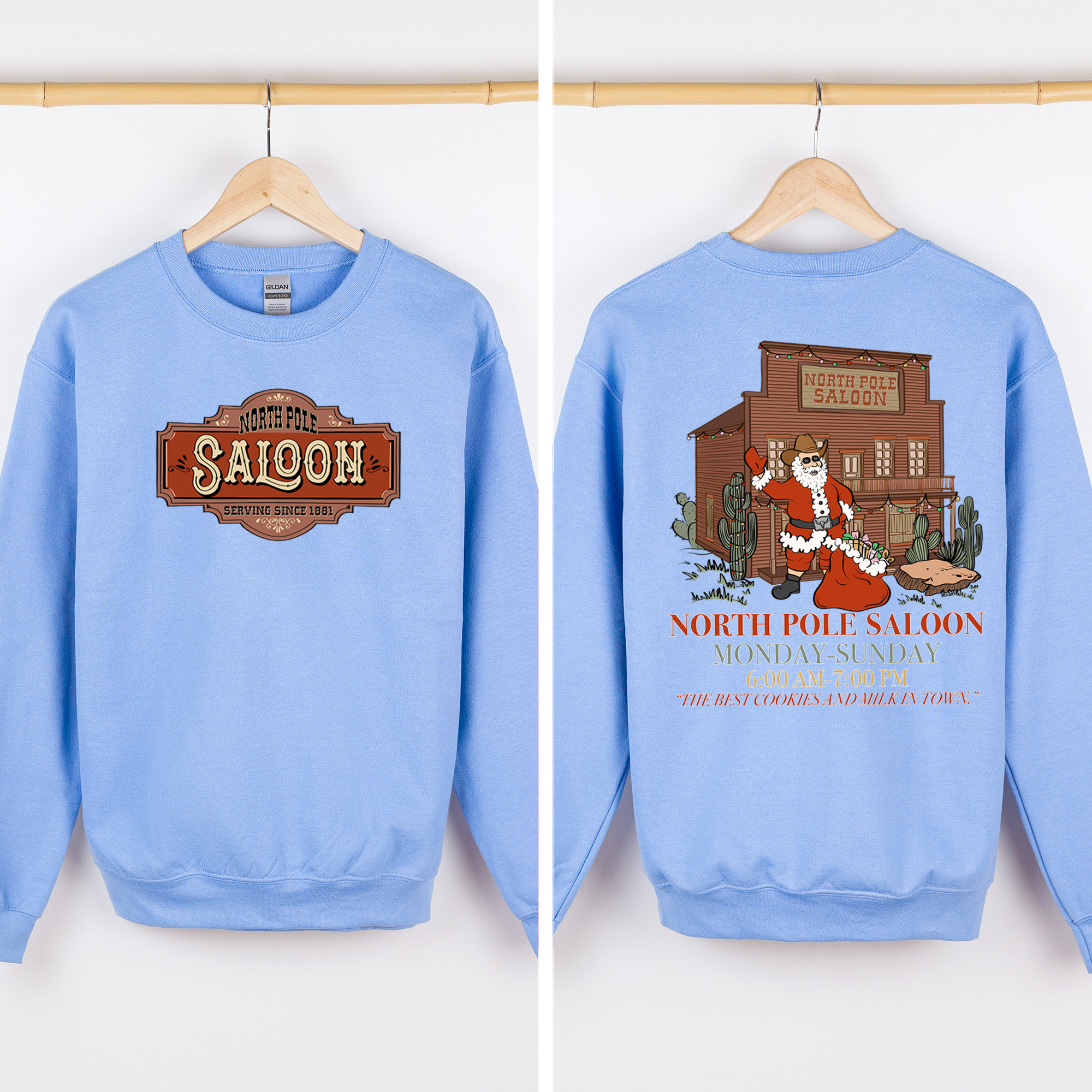 North Pole Saloon Santa Reading Christmas Party Retro Front And Back Edition Sweatshirt