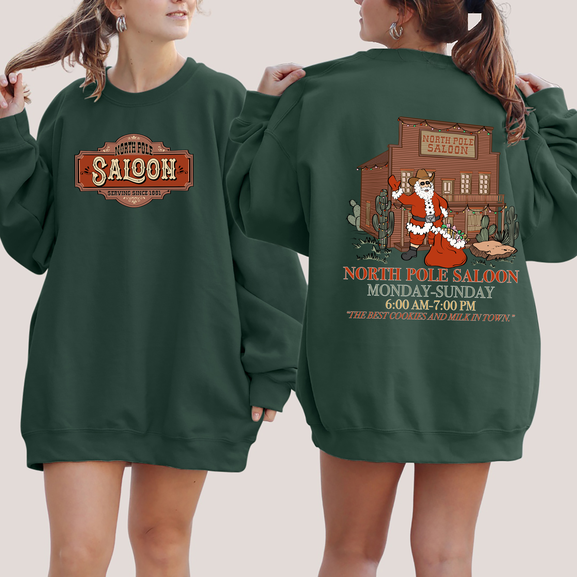 North Pole Saloon Santa Reading Christmas Party Retro Front And Back Edition Sweatshirt