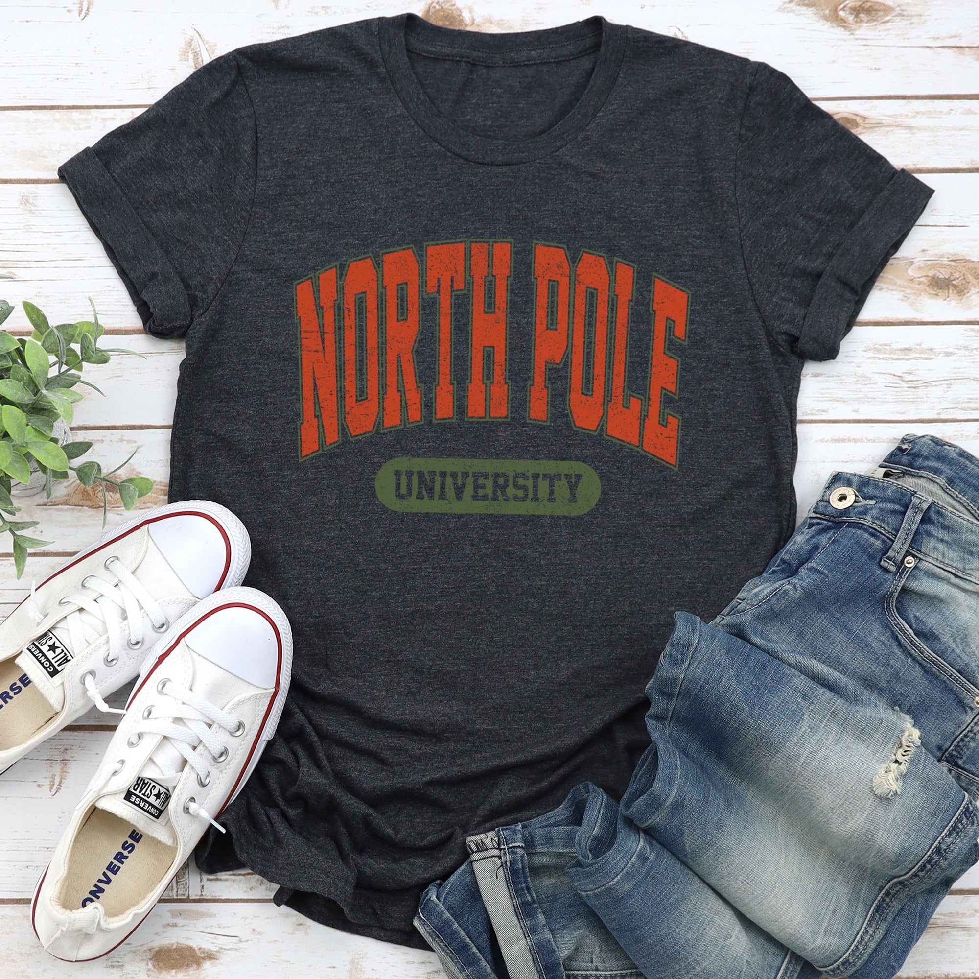 North Pole University Collegiate Christmas Santa Retro Vintage Holiday Graphic Tee