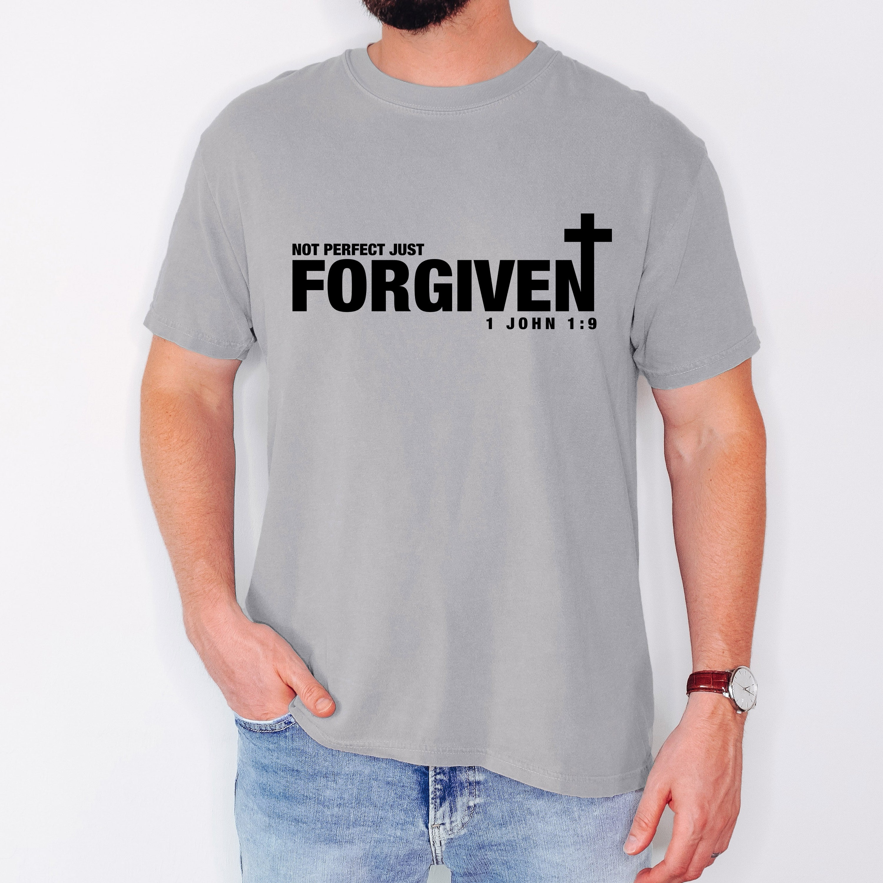 Not Perfect, Just Forgiven John Jesus Gospel Faith Bible Verse Inspired Comfort Colors Tee