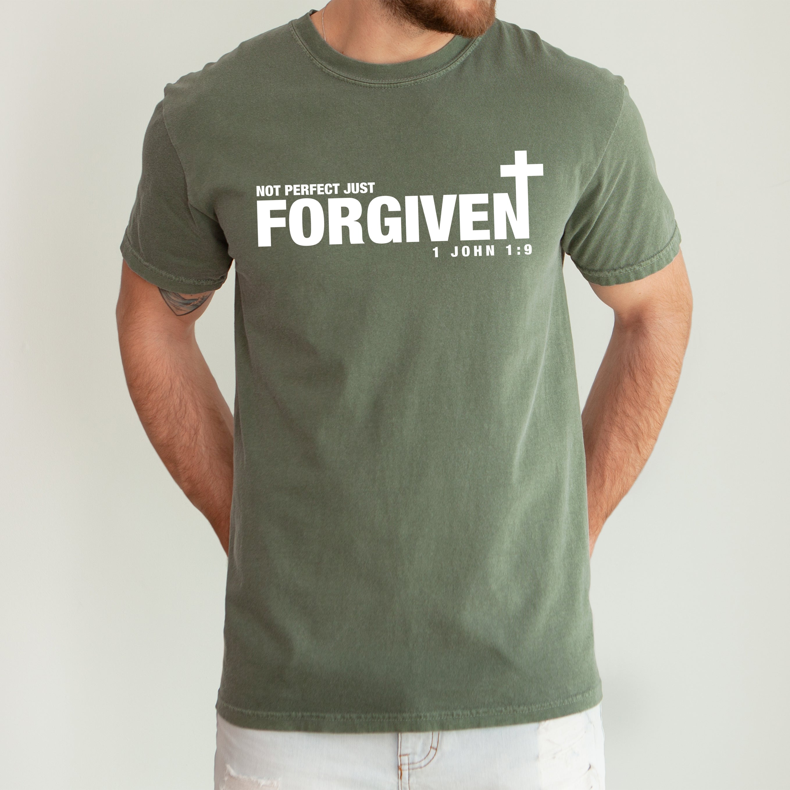 Not Perfect, Just Forgiven John Jesus Gospel Faith Bible Verse Inspired Comfort Colors Tee