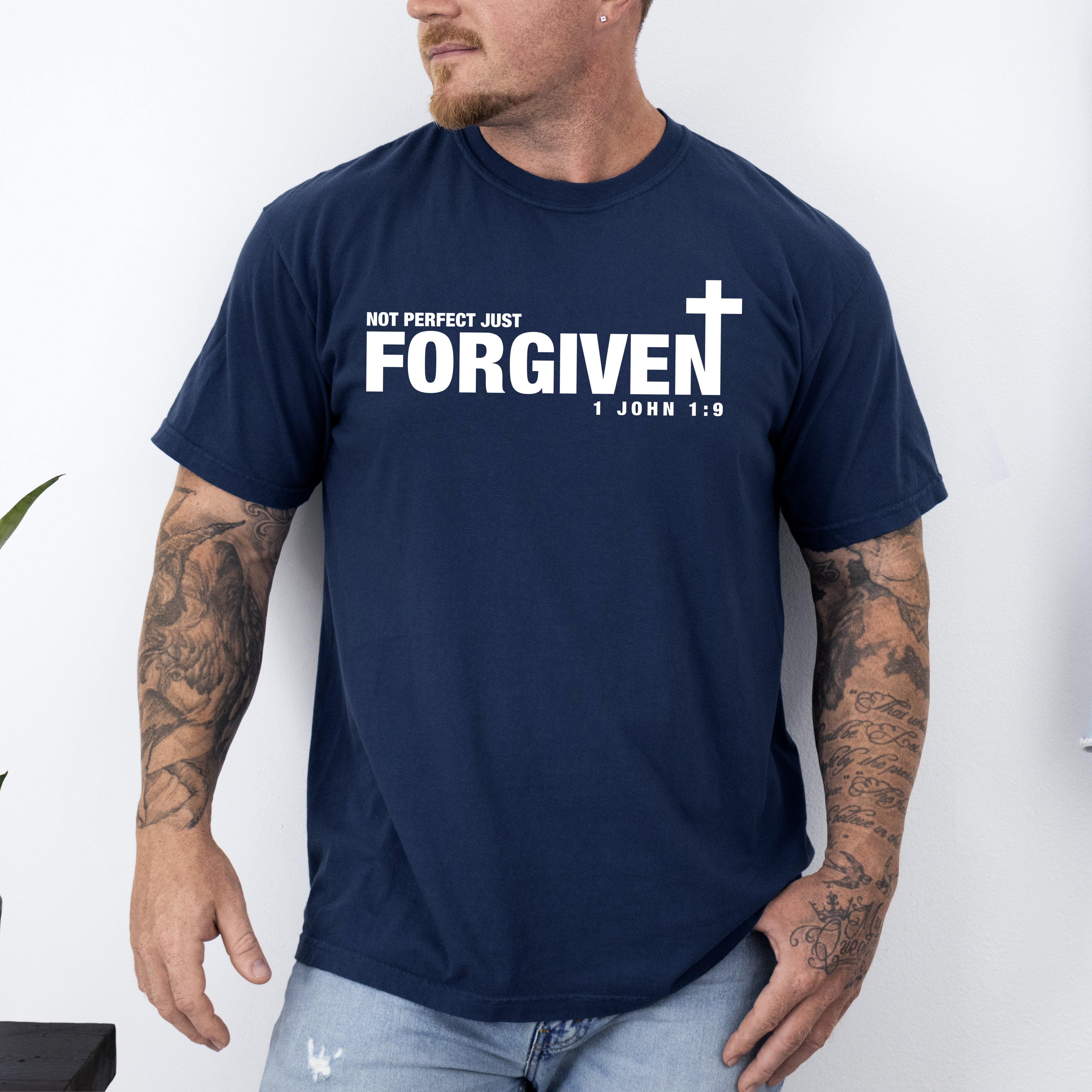 Not Perfect, Just Forgiven John Jesus Gospel Faith Bible Verse Inspired Comfort Colors Tee
