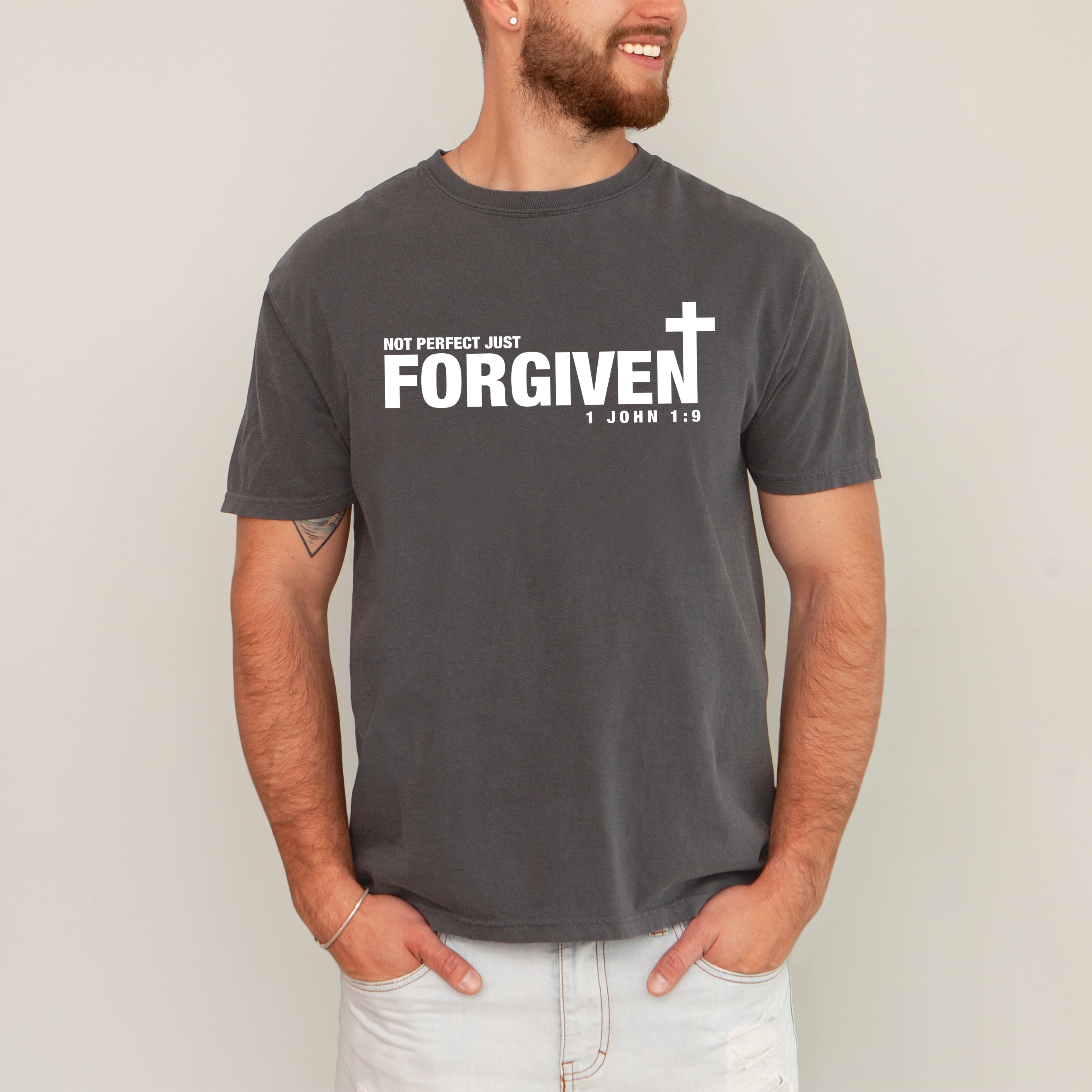 Not Perfect, Just Forgiven John Jesus Gospel Faith Bible Verse Inspired Comfort Colors Tee