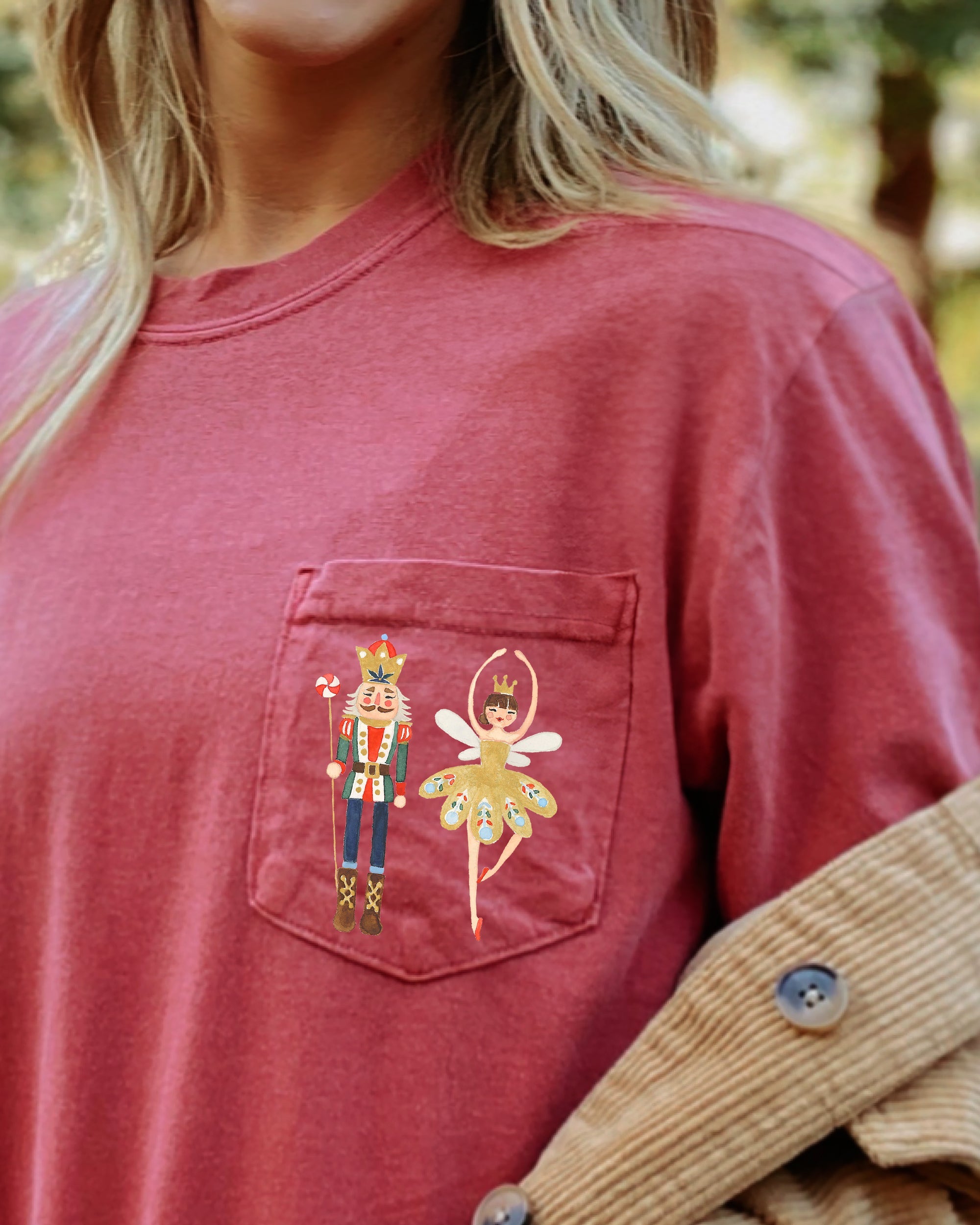 Nutcracker Ballet Ballerina Pocket Christmas Winter Snow Santa Xmas Comfort Colors Tee