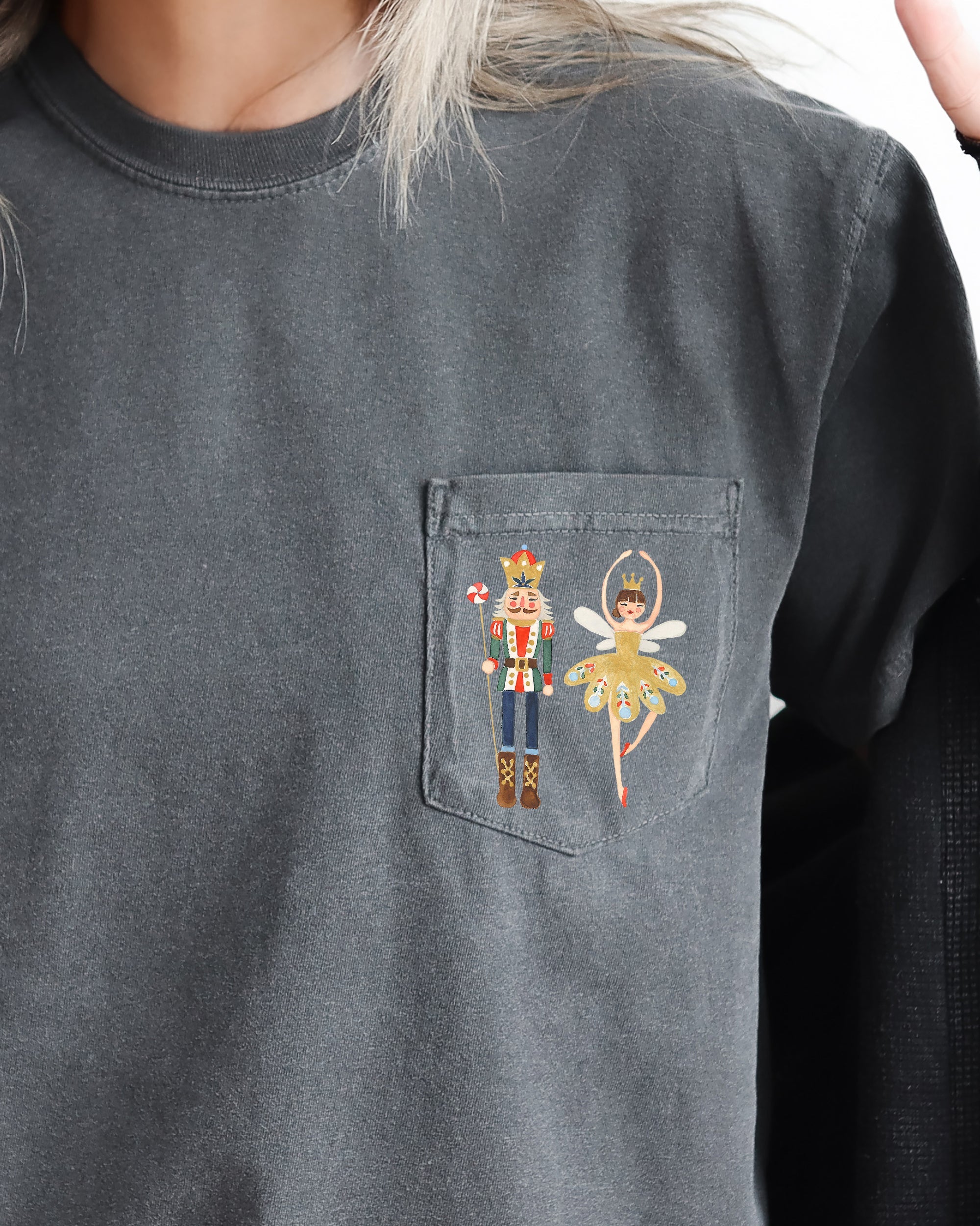 Nutcracker Ballet Ballerina Pocket Christmas Winter Snow Santa Xmas Comfort Colors Tee