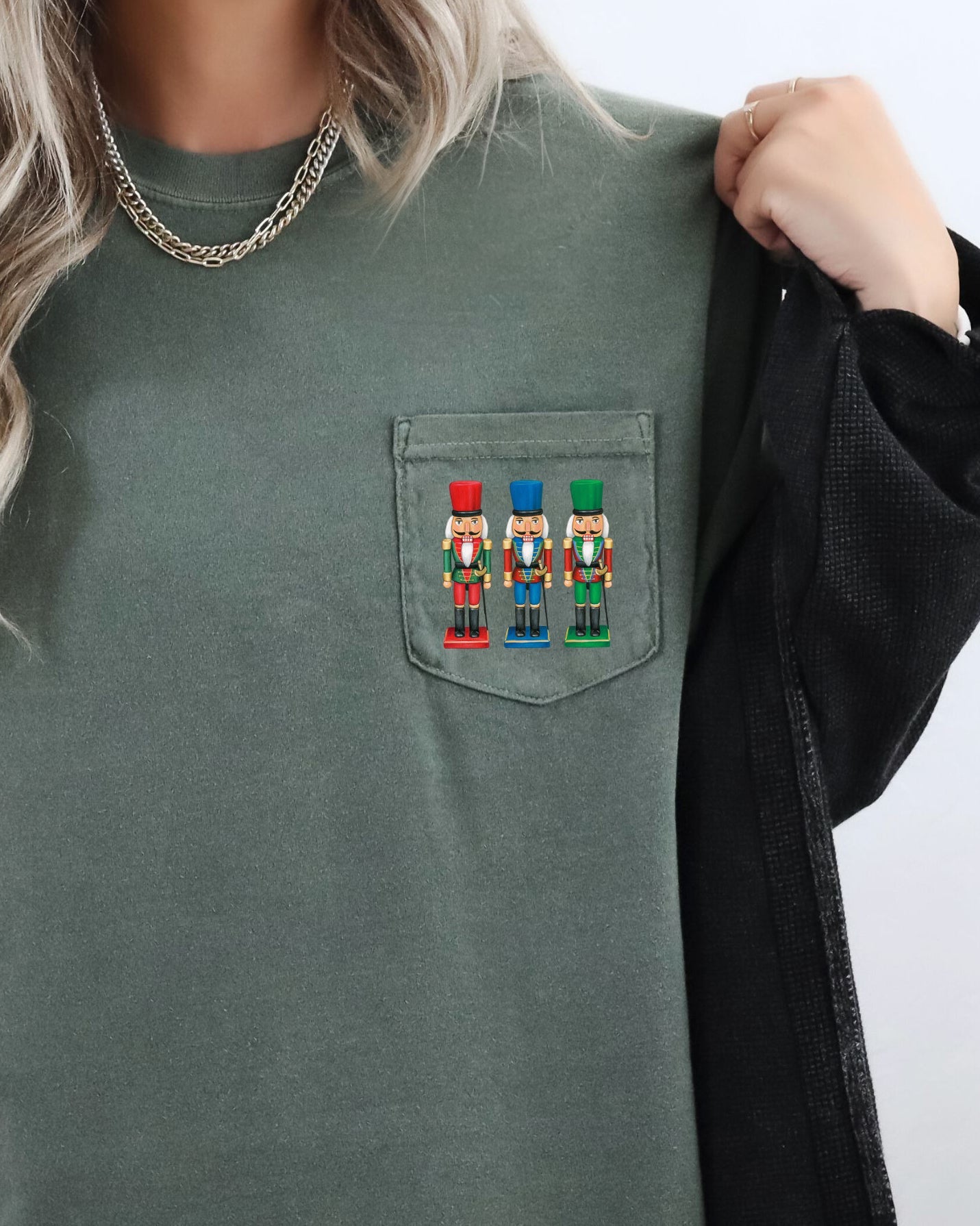 Nutcrackers Pocket Christmas Santa Snow Xmas Cozy Holiday Keepsakes Comfort Colors Tee