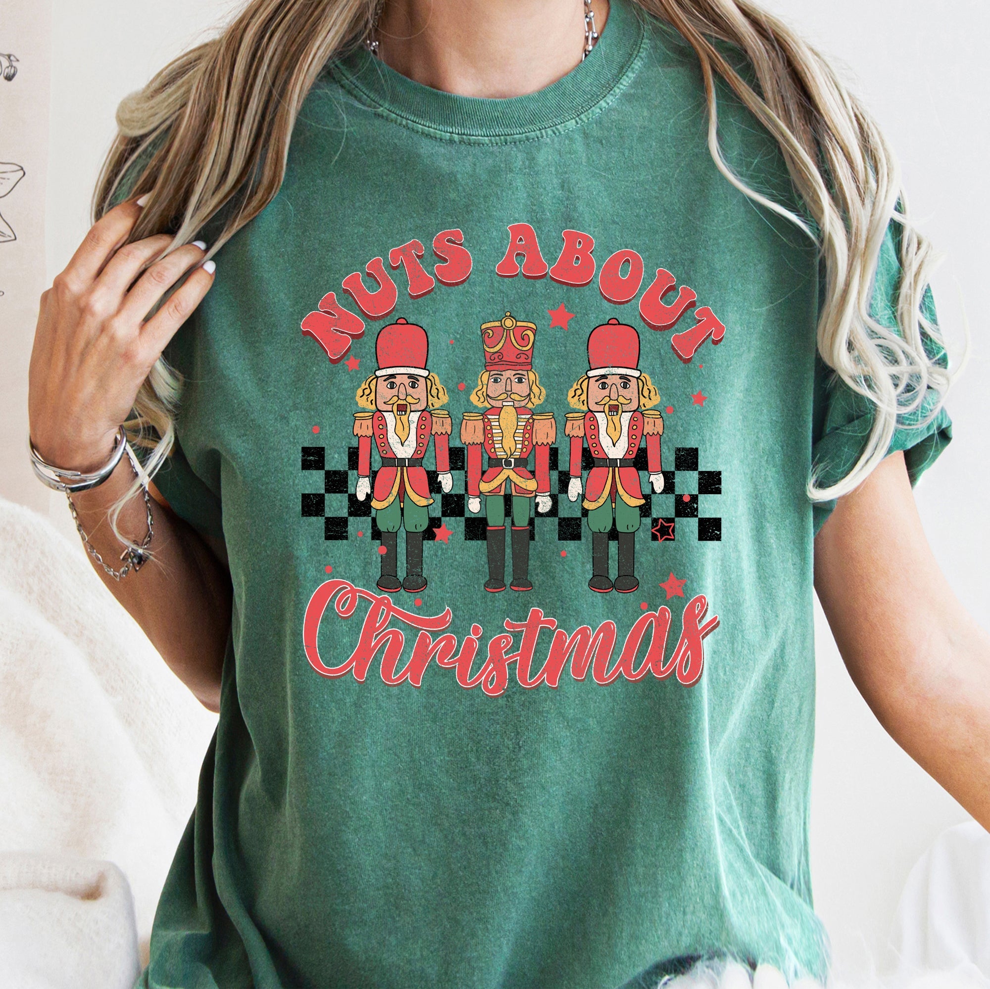Nuts About Christmas Nutcrackers Retro Checkered Pattern Holiday Vibe Comfort Colors Tee