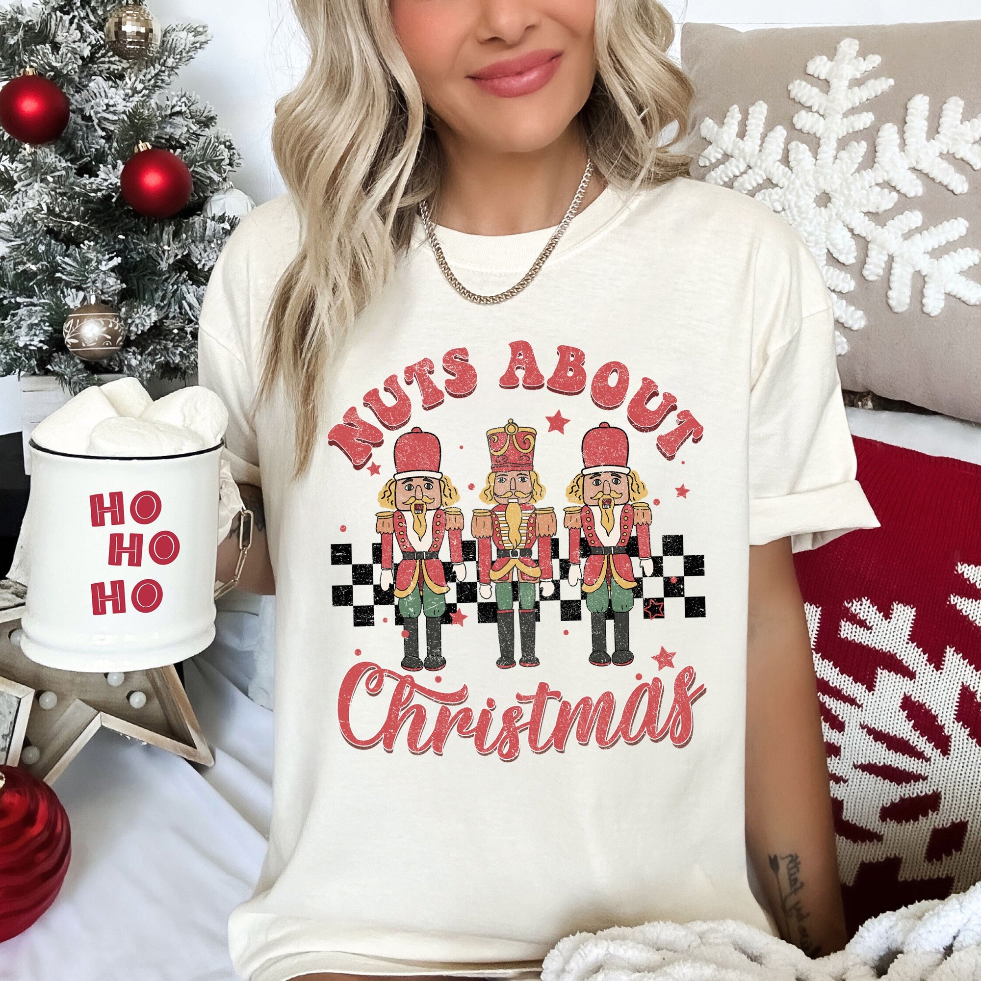 Nuts About Christmas Nutcrackers Retro Checkered Pattern Holiday Vibe Comfort Colors Tee