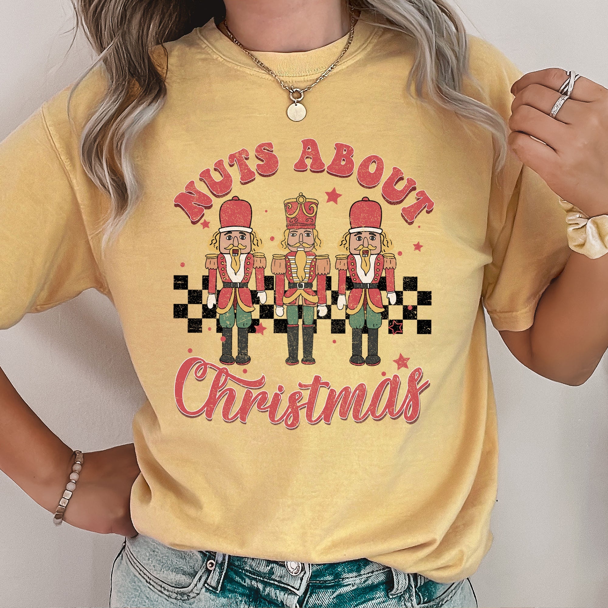 Nuts About Christmas Nutcrackers Retro Checkered Pattern Holiday Vibe Comfort Colors Tee