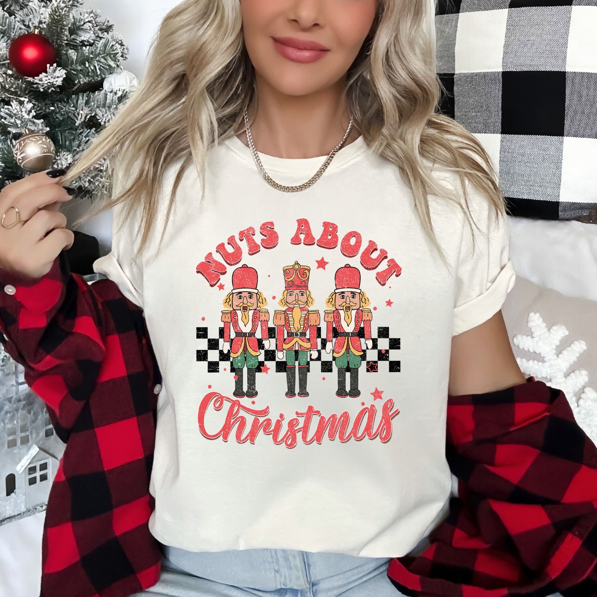 Nuts About Christmas Nutcrackers Retro Checkered Vintage Inspired Limited Graphic Tee