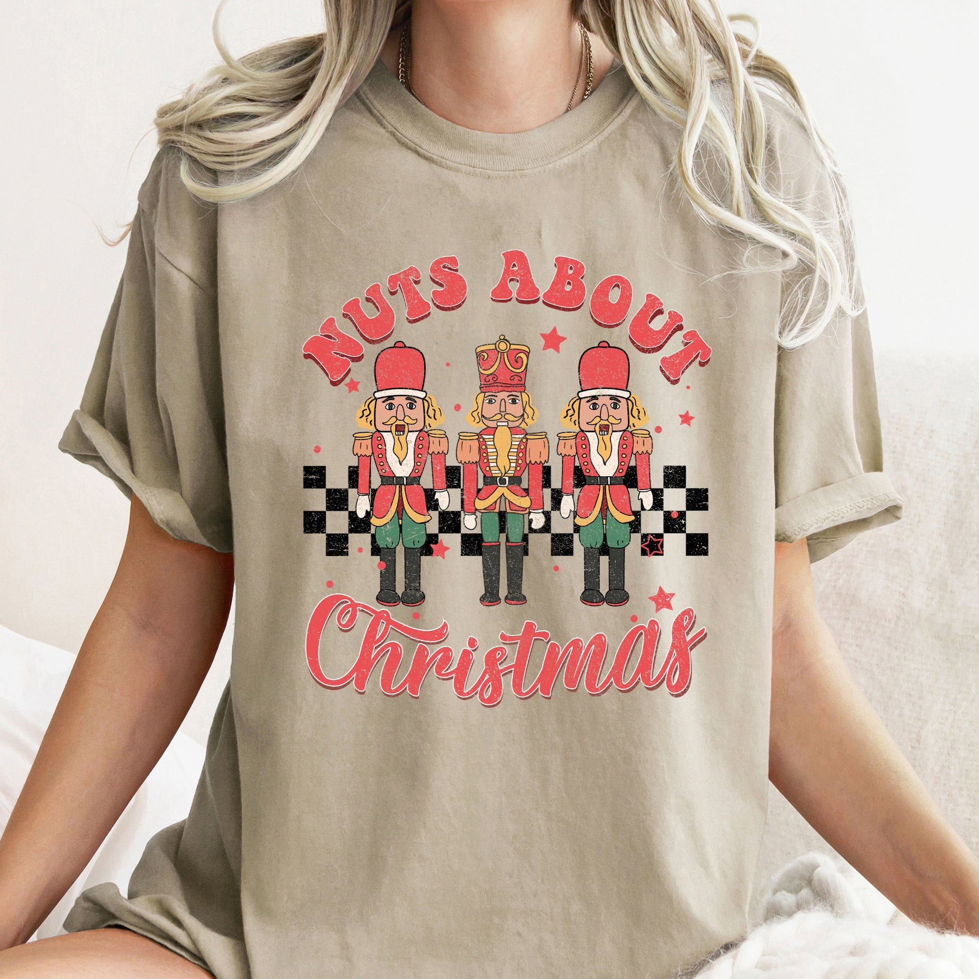 Nuts About Christmas Nutcrackers Retro Checkered Pattern Holiday Vibe Comfort Colors Tee