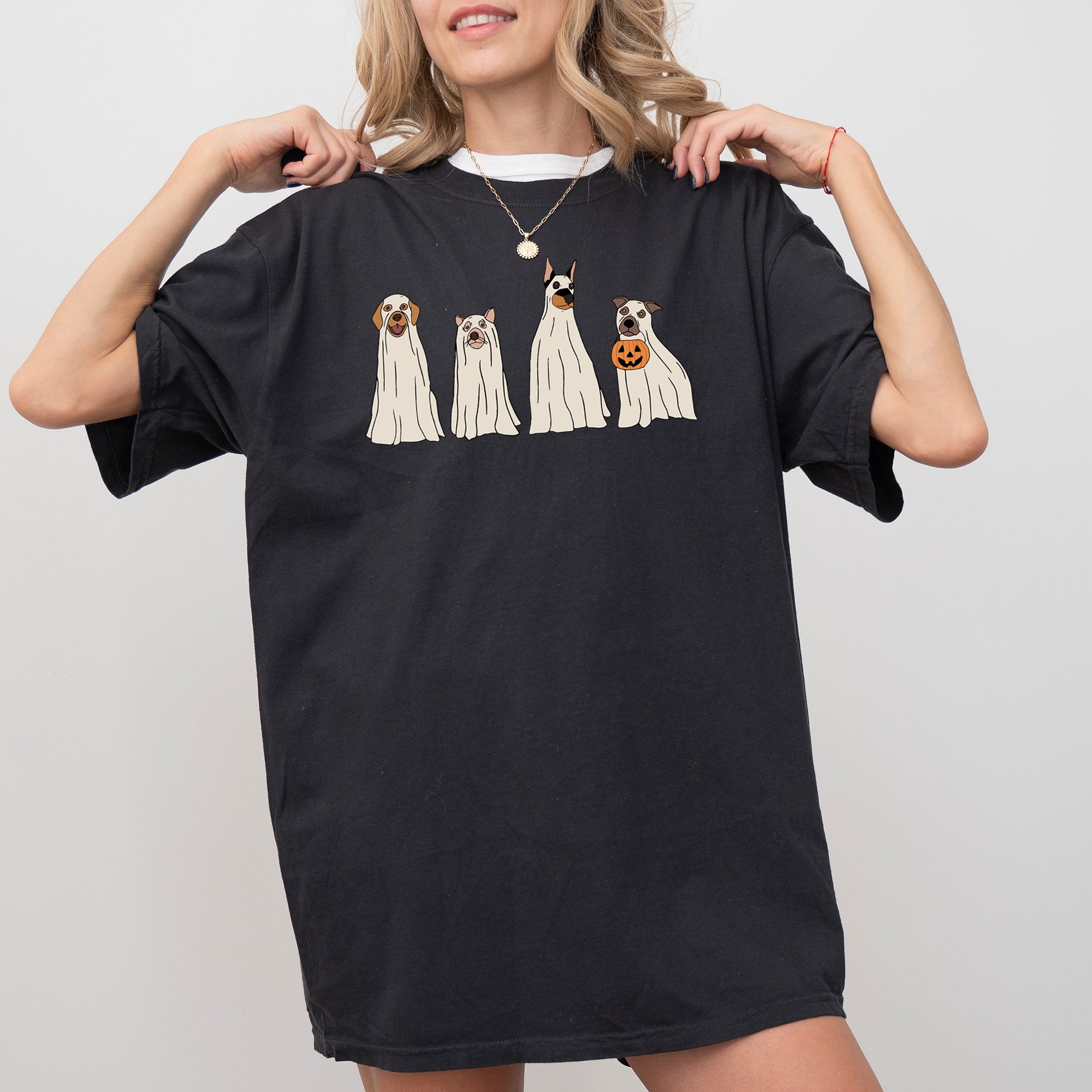 Spooky Ghost Dogs Halloween Witch Costume Vintage Style Ghostly Canine Night Scene Comfort Colors Tee