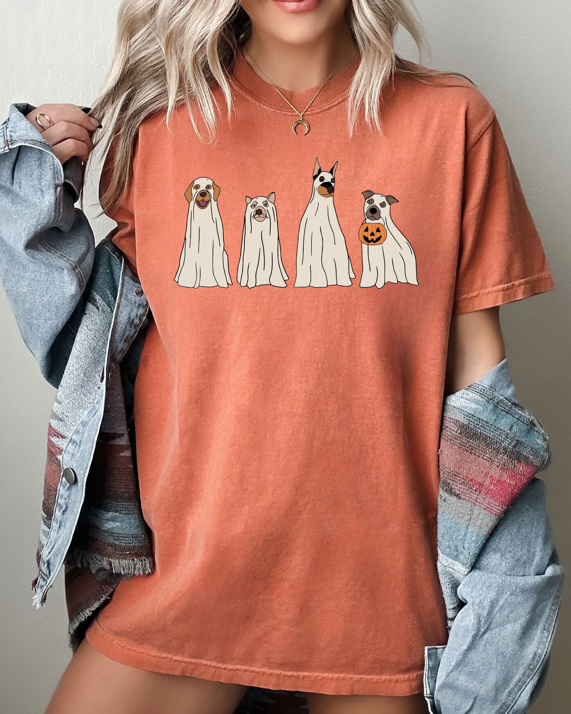 Spooky Ghost Dogs Halloween Witch Costume Vintage Style Ghostly Canine Night Scene Comfort Colors Tee