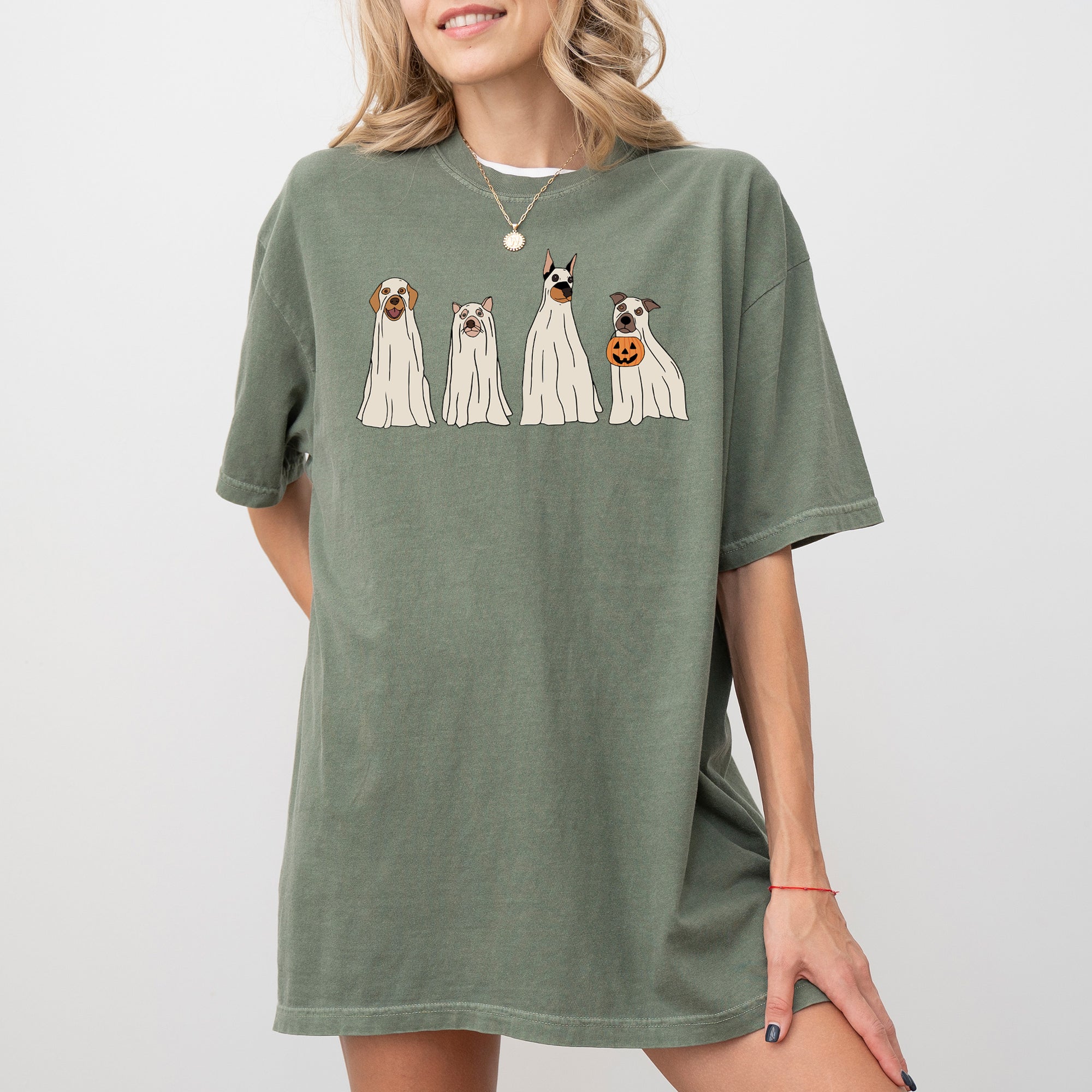 Spooky Ghost Dogs Halloween Witch Costume Vintage Style Ghostly Canine Night Scene Comfort Colors Tee