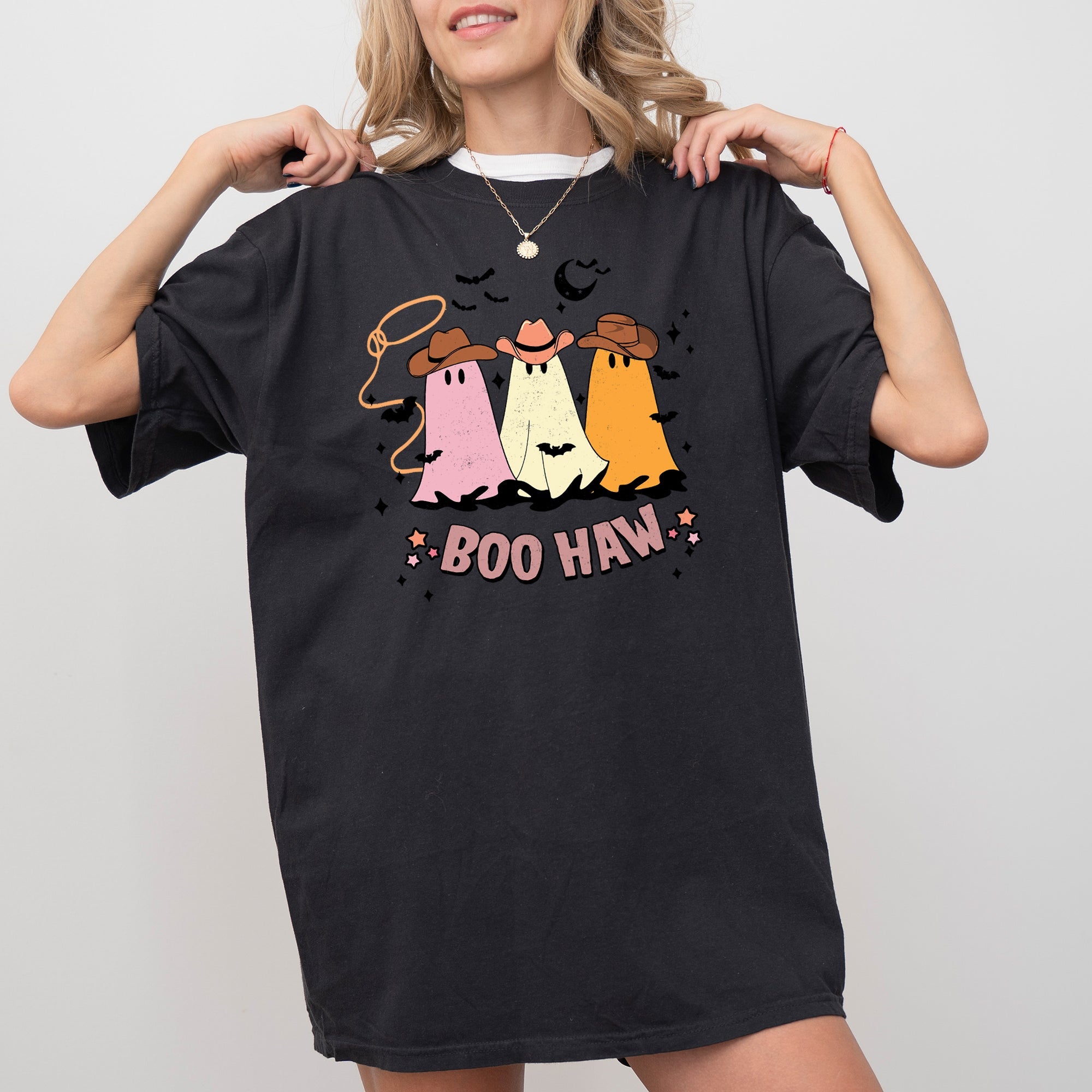 Boo Haw Mini Cowboy Ghosts Halloween Witch Meme Spooky Vintage Costume Design Comfort Colors Tee