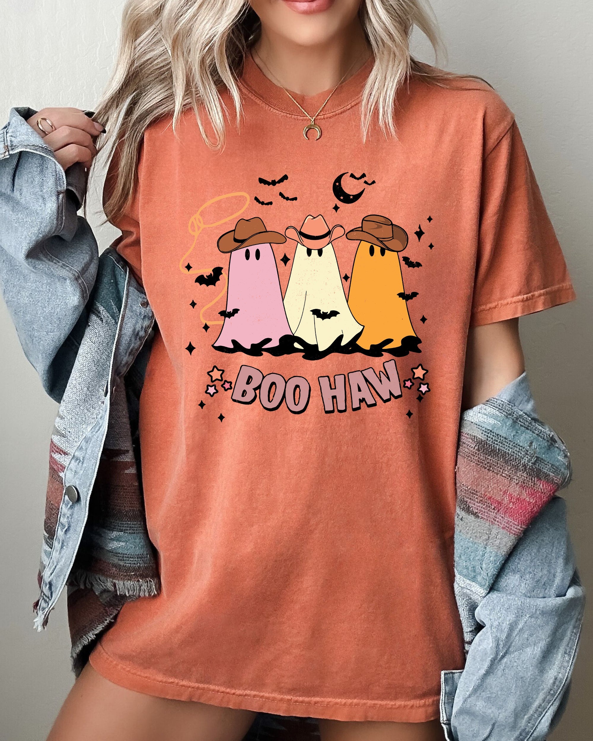 Boo Haw Mini Cowboy Ghosts Halloween Witch Meme Spooky Vintage Costume Design Comfort Colors Tee