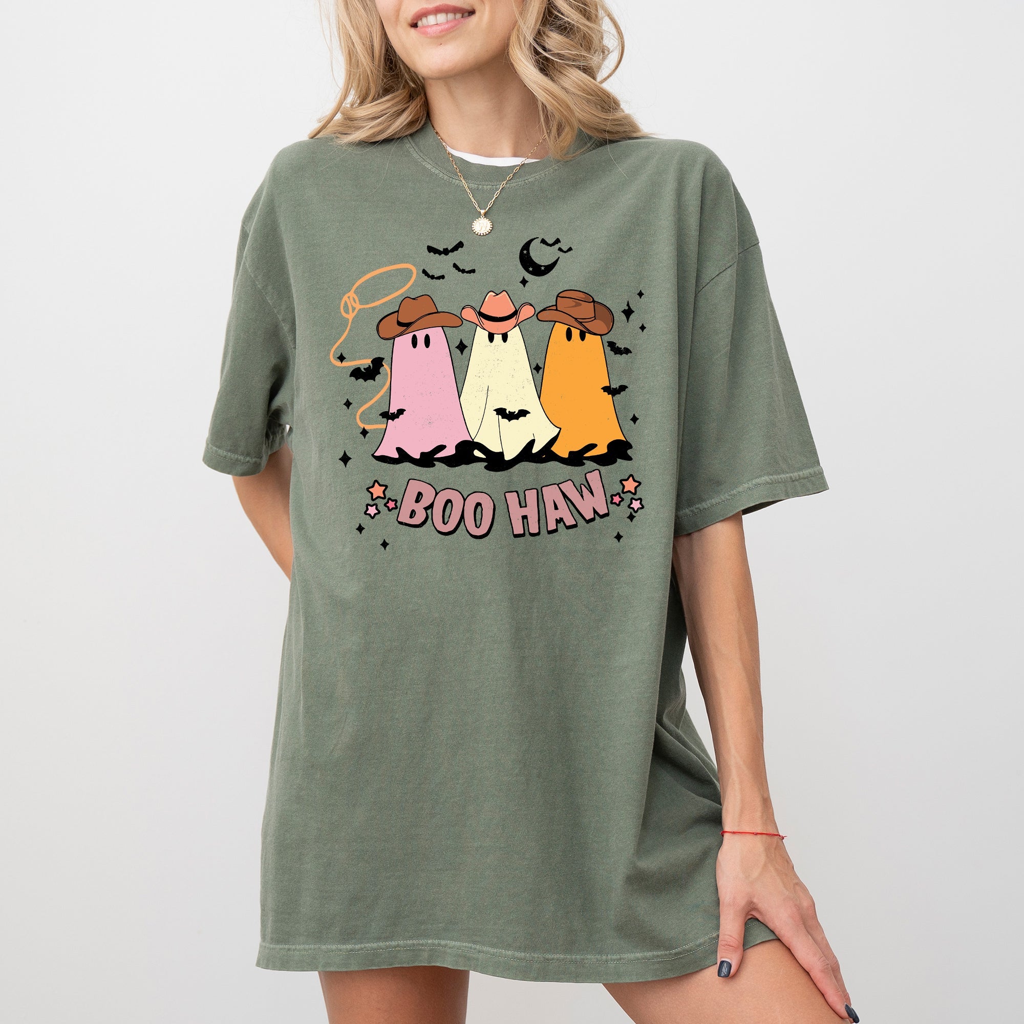 Boo Haw Mini Cowboy Ghosts Halloween Witch Meme Spooky Vintage Costume Design Comfort Colors Tee
