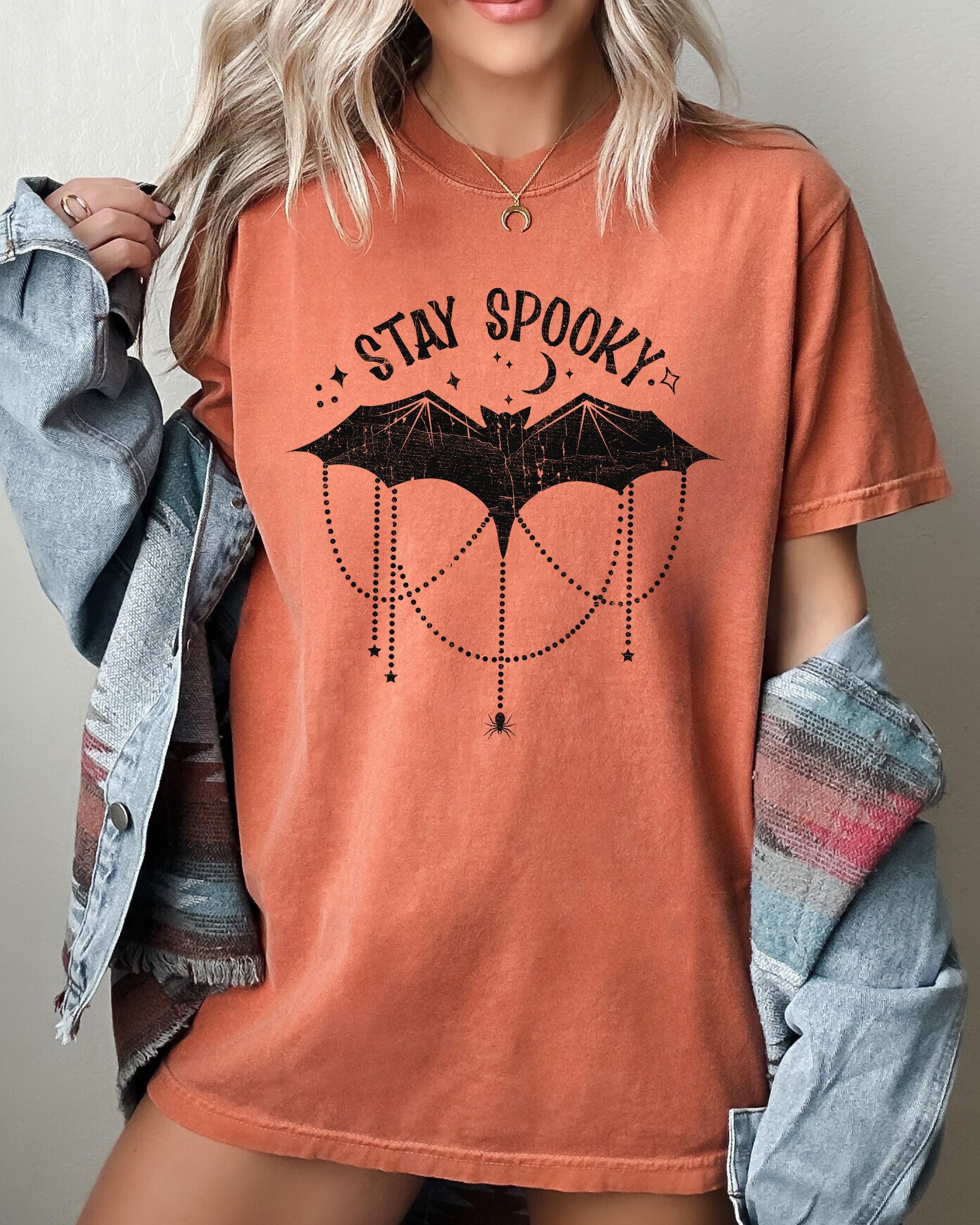 Stay Spooky Bat Skeleton Ghost Witch Halloween Meme Graphic Vintage Edition Comfort Colors Tee