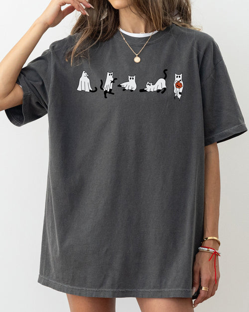 Cat Ghosts Skeleton Witch Halloween Spooky Costume Graphic Vintage Comfort Colors Tee