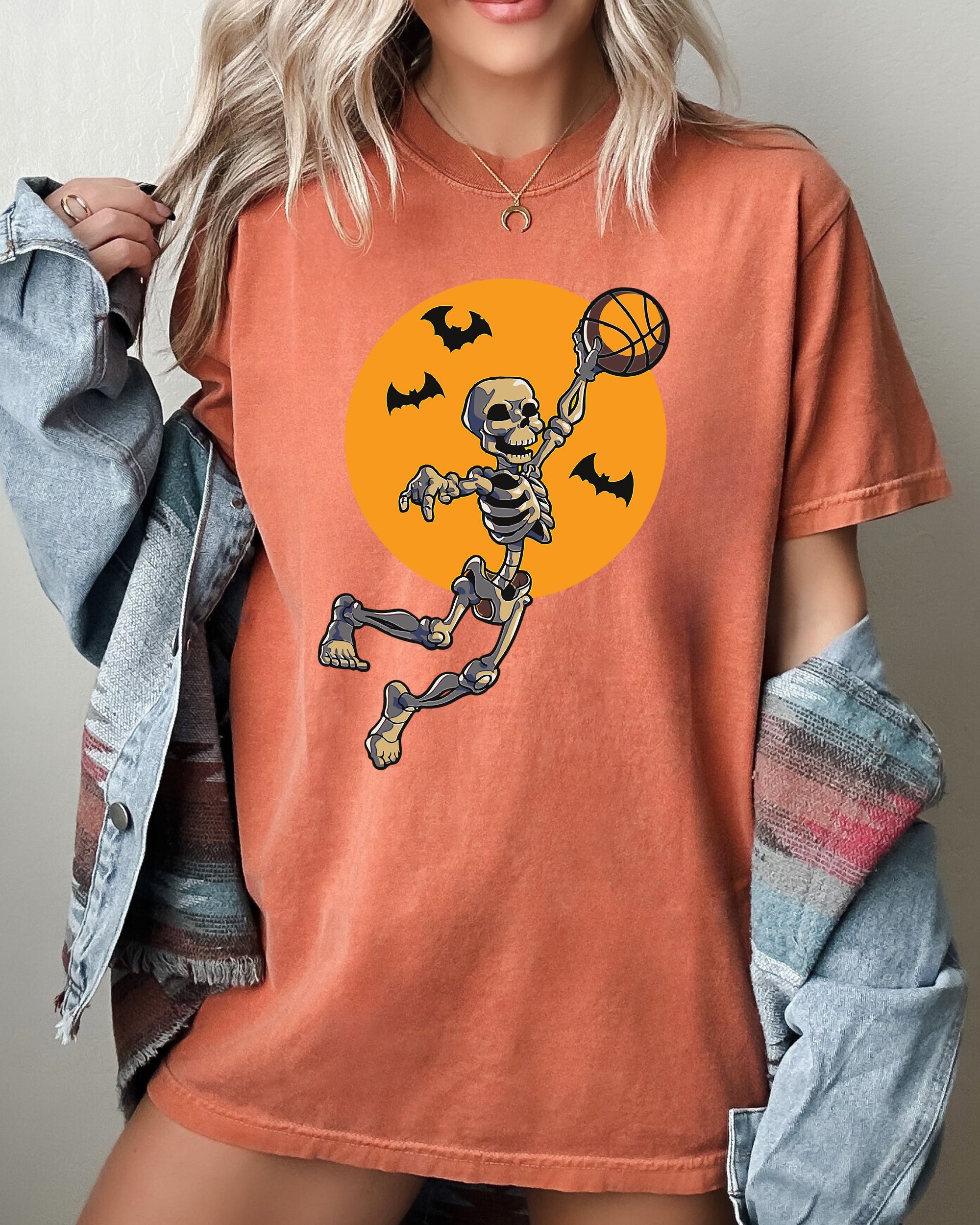 Basketball Skeleton Spooky Witch Halloween Meme Mashup Illustration Vintage Comfort Colors Tee