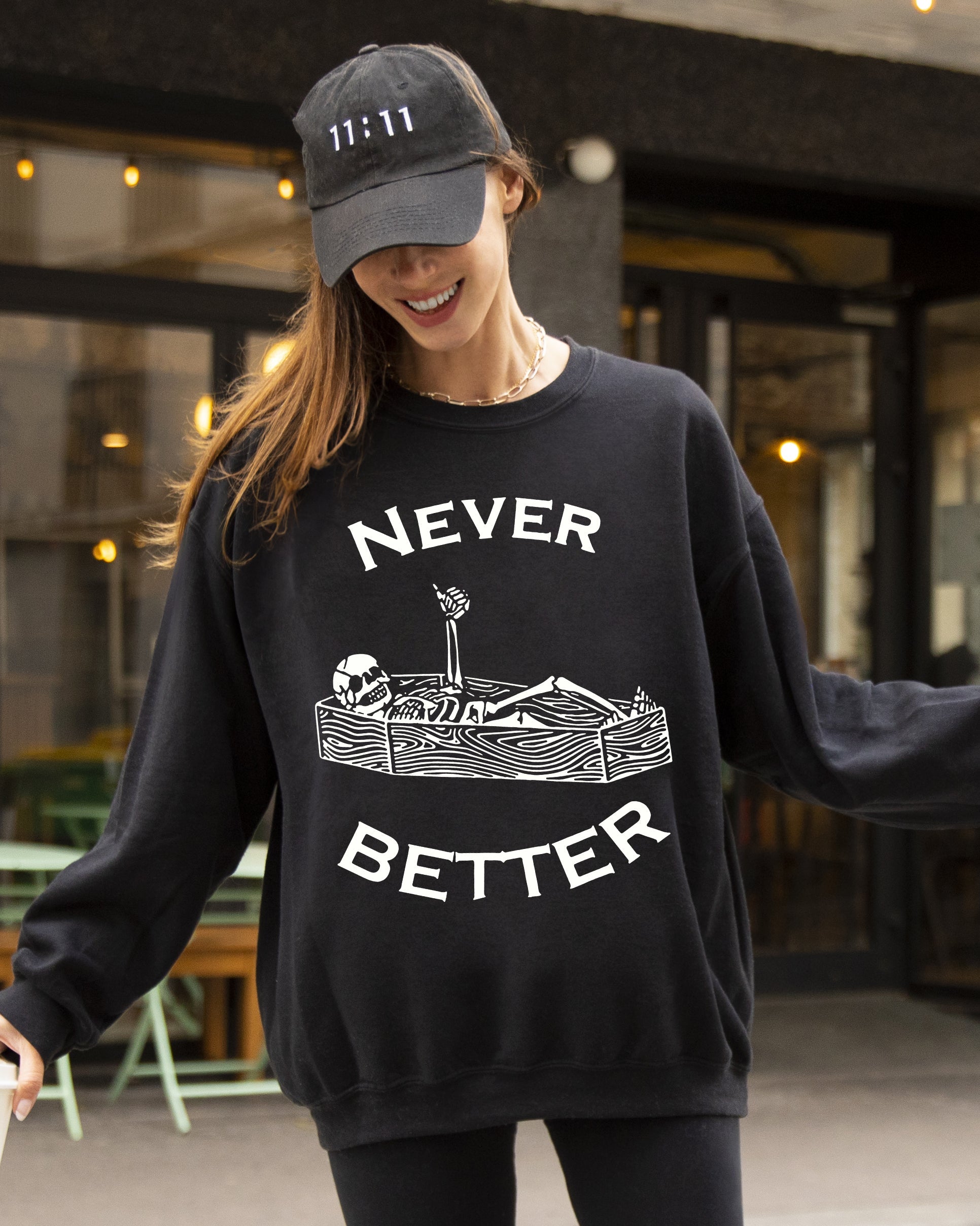 Never Better Skeleton Coffin Pumpkin Spooky Witch Aesthetic Meme Halloween Costume Sweatshirt