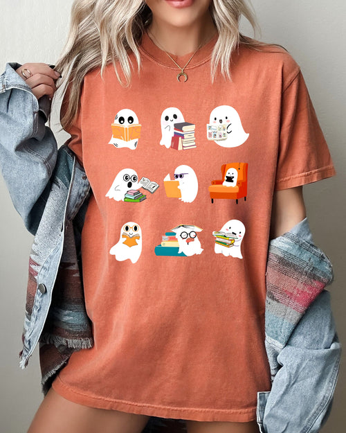 Book Lover Mini Ghosts Skeleton Coffin Pumpkin Spooky Witch Meme Halloween Costume Comfort Colors Tee
