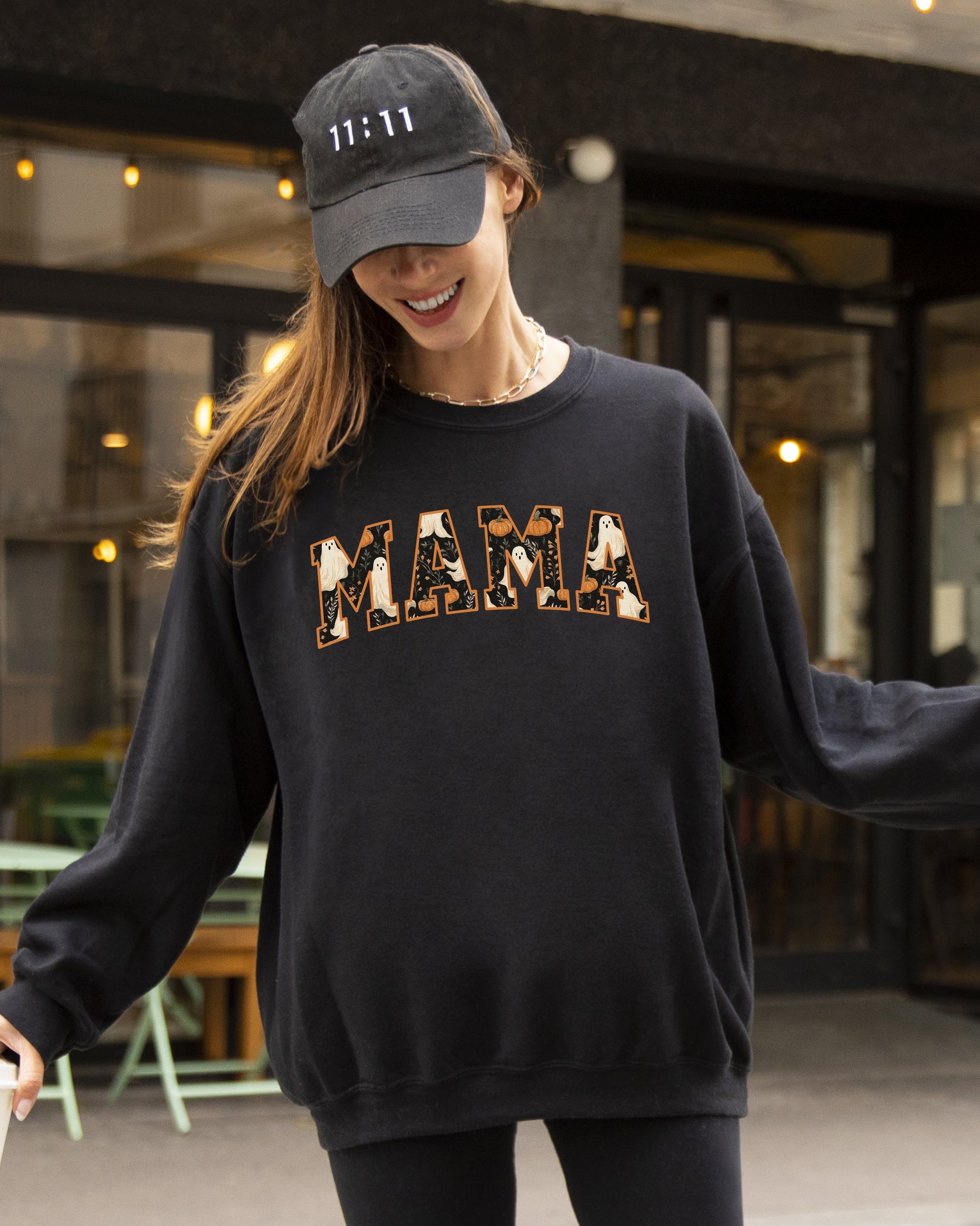 Mama Ghost Skeleton Pumpkin Witch Spooky Halloween Costume Meme Graphic Cozy Sweatshirt