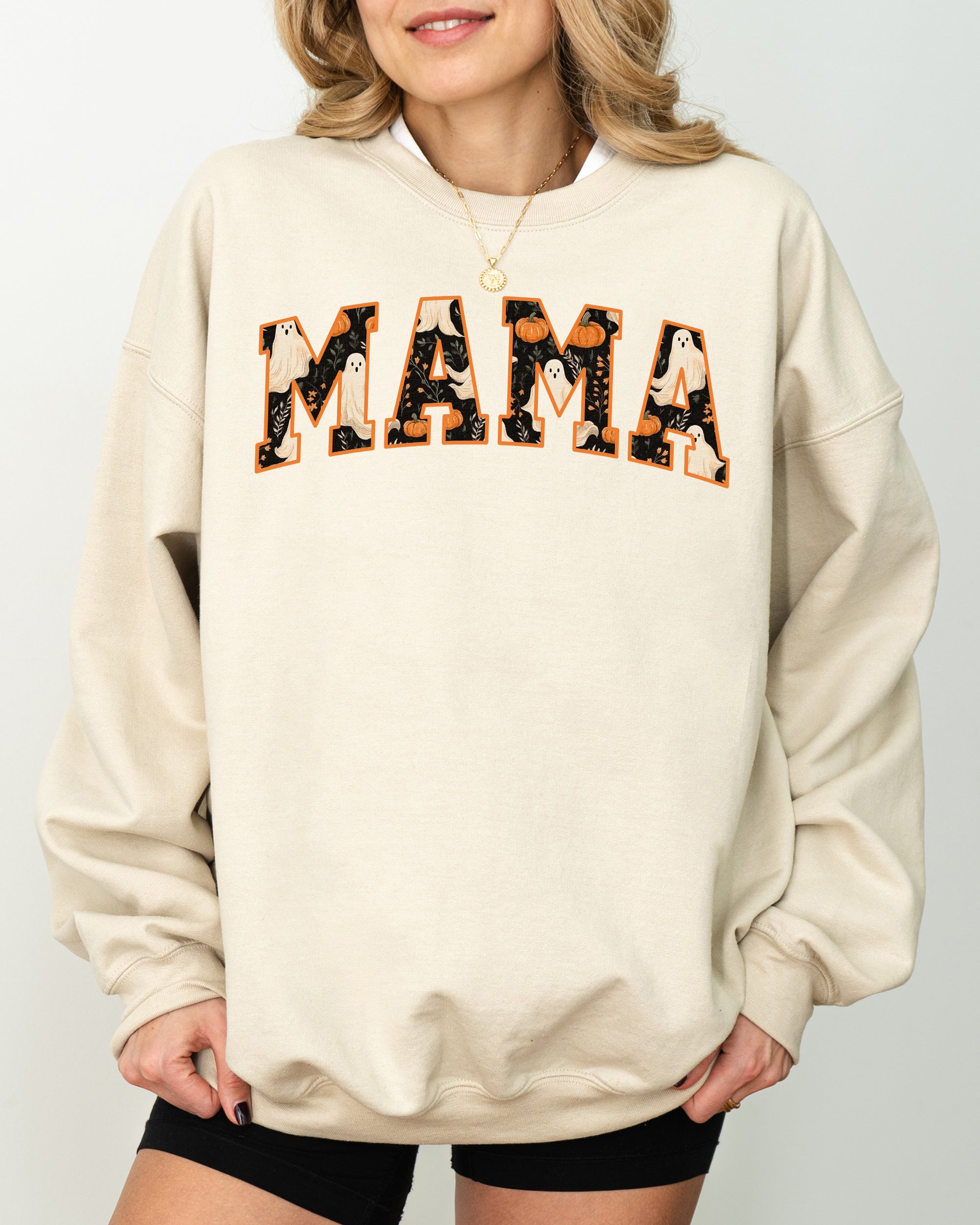 Mama Ghost Skeleton Pumpkin Witch Spooky Halloween Costume Meme Graphic Cozy Sweatshirt