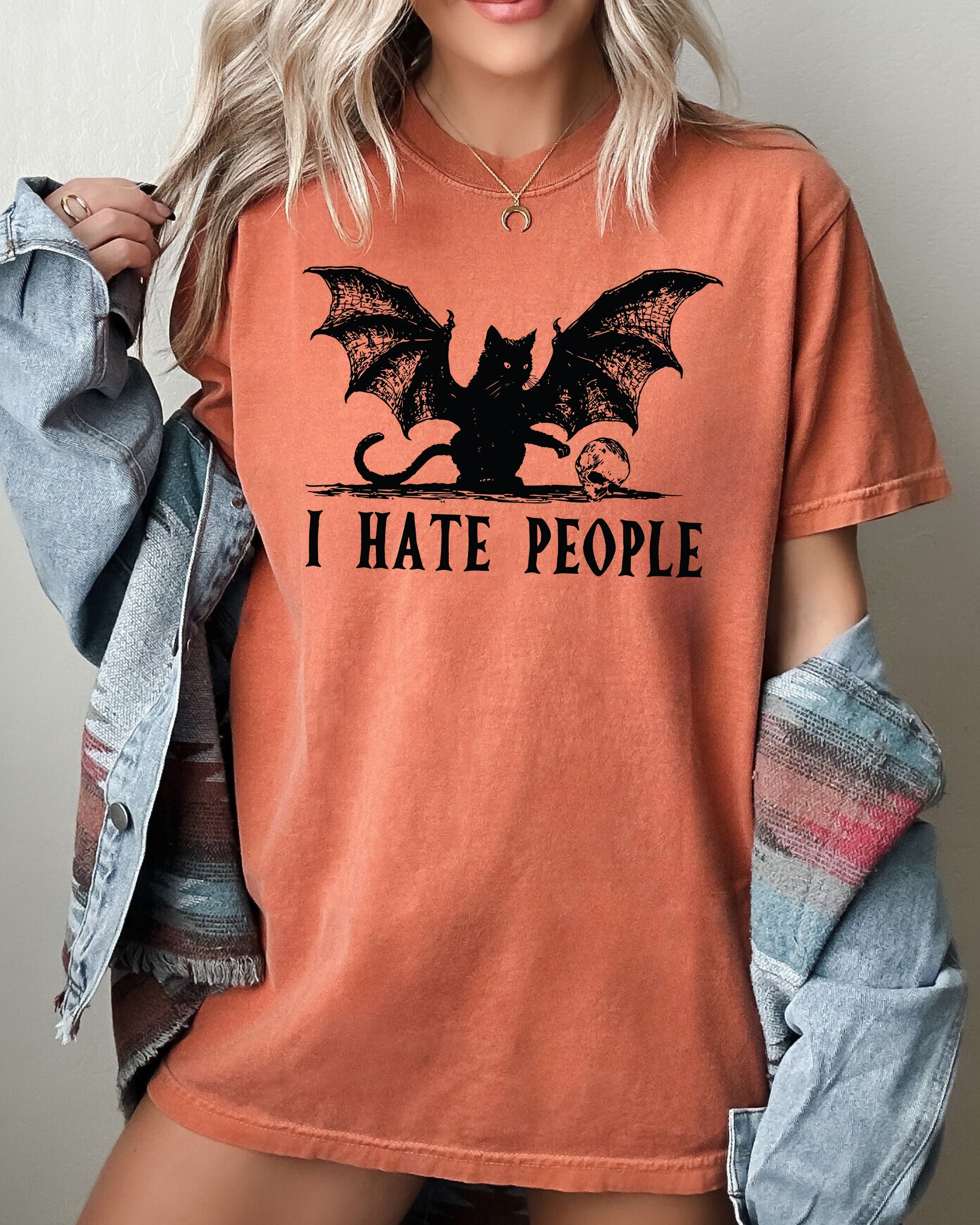 I Hate People Bat Skeleton Ghost Witch Halloween Night Scene Design Comfort Colors Tee