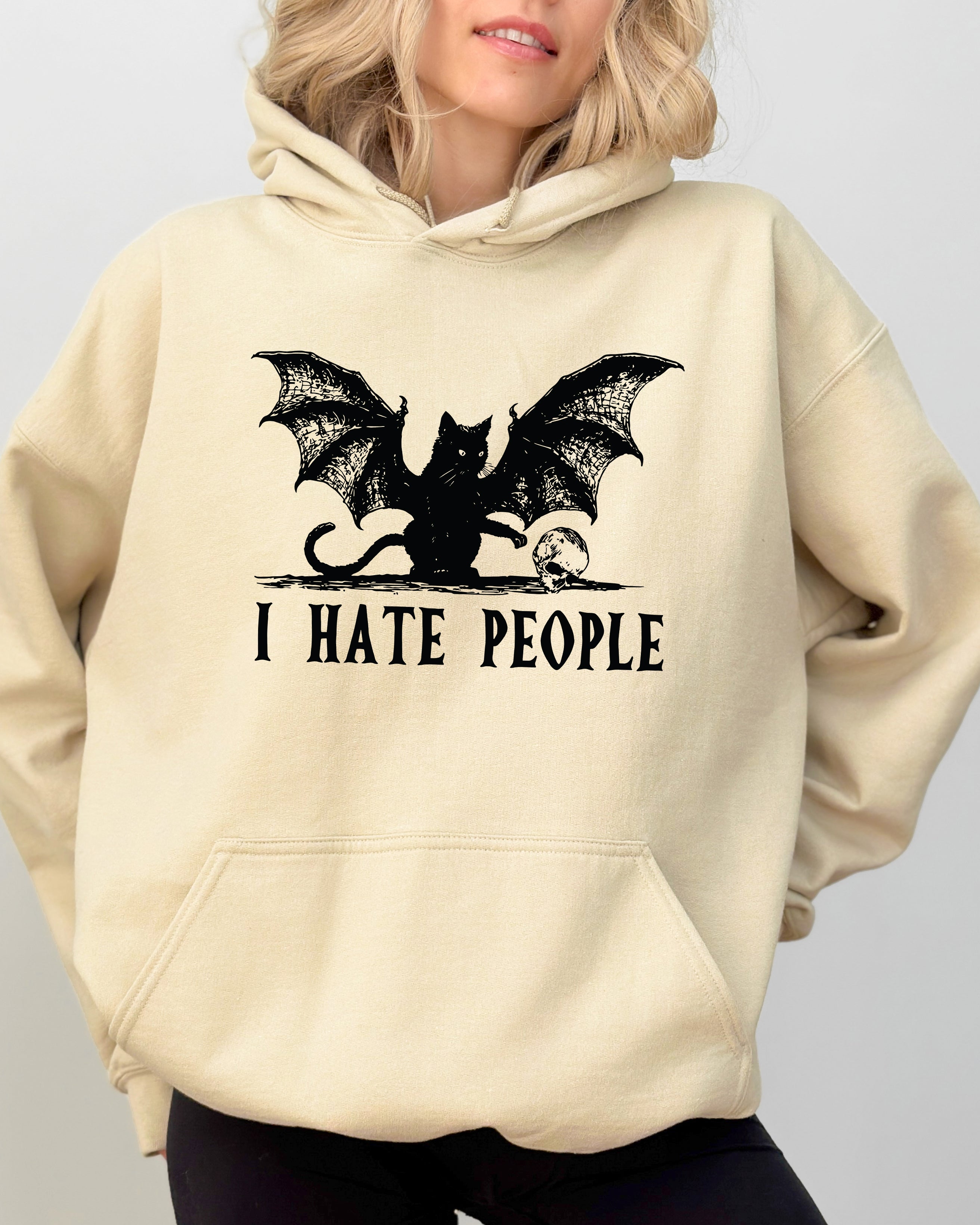 I Hate People Bat Skeleton Ghost Spooky Witch Meme Halloween Design Hooded Sweatshirt