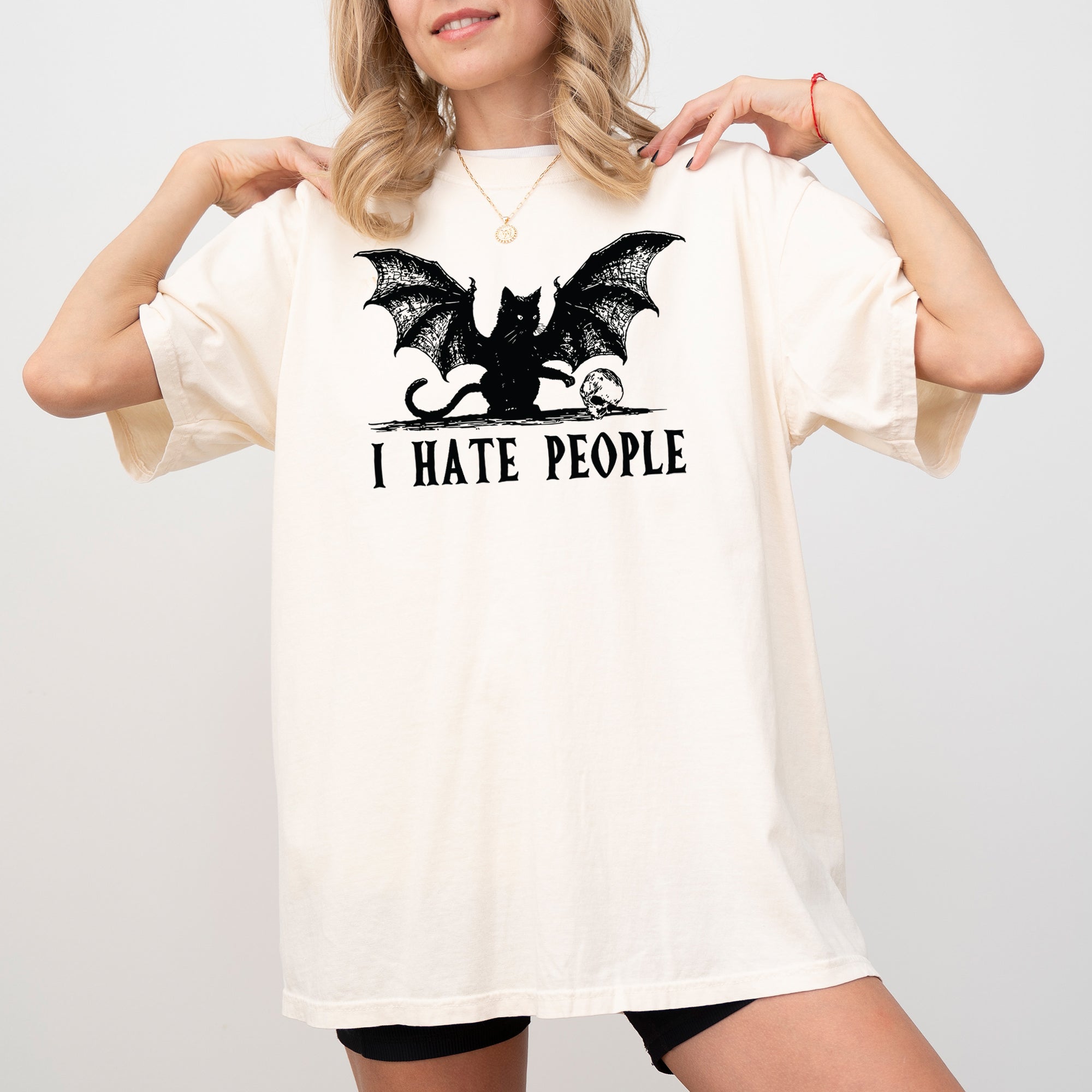 I Hate People Bat Skeleton Ghost Witch Halloween Night Scene Design Comfort Colors Tee