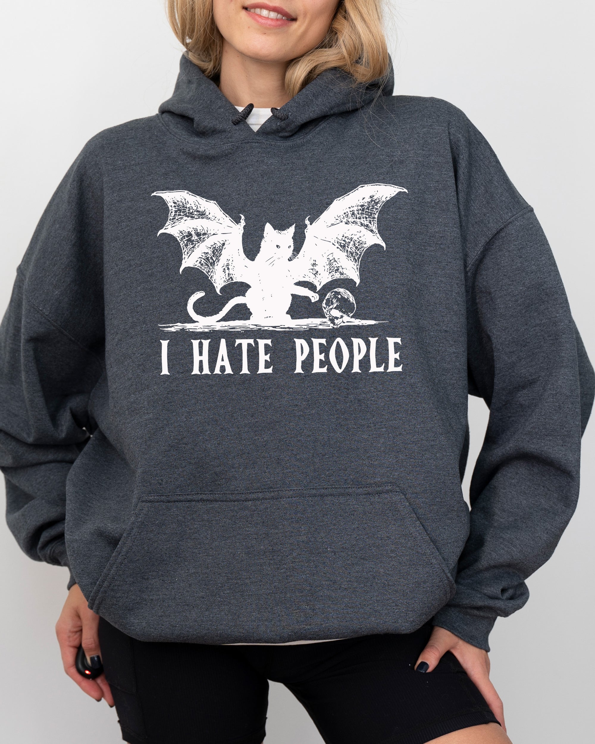 I Hate People Bat Skeleton Ghost Spooky Witch Meme Halloween Design Hooded Sweatshirt