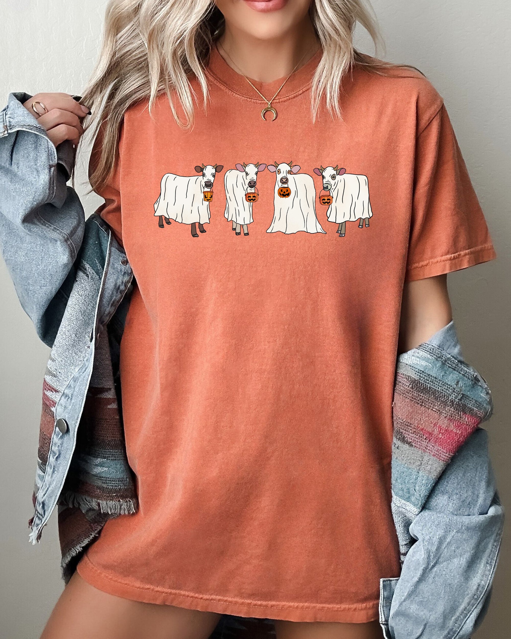 Ghost Cows Farm Skeleton Halloween Witch Meme Creepy Graphic Costume Comfort Colors Tee