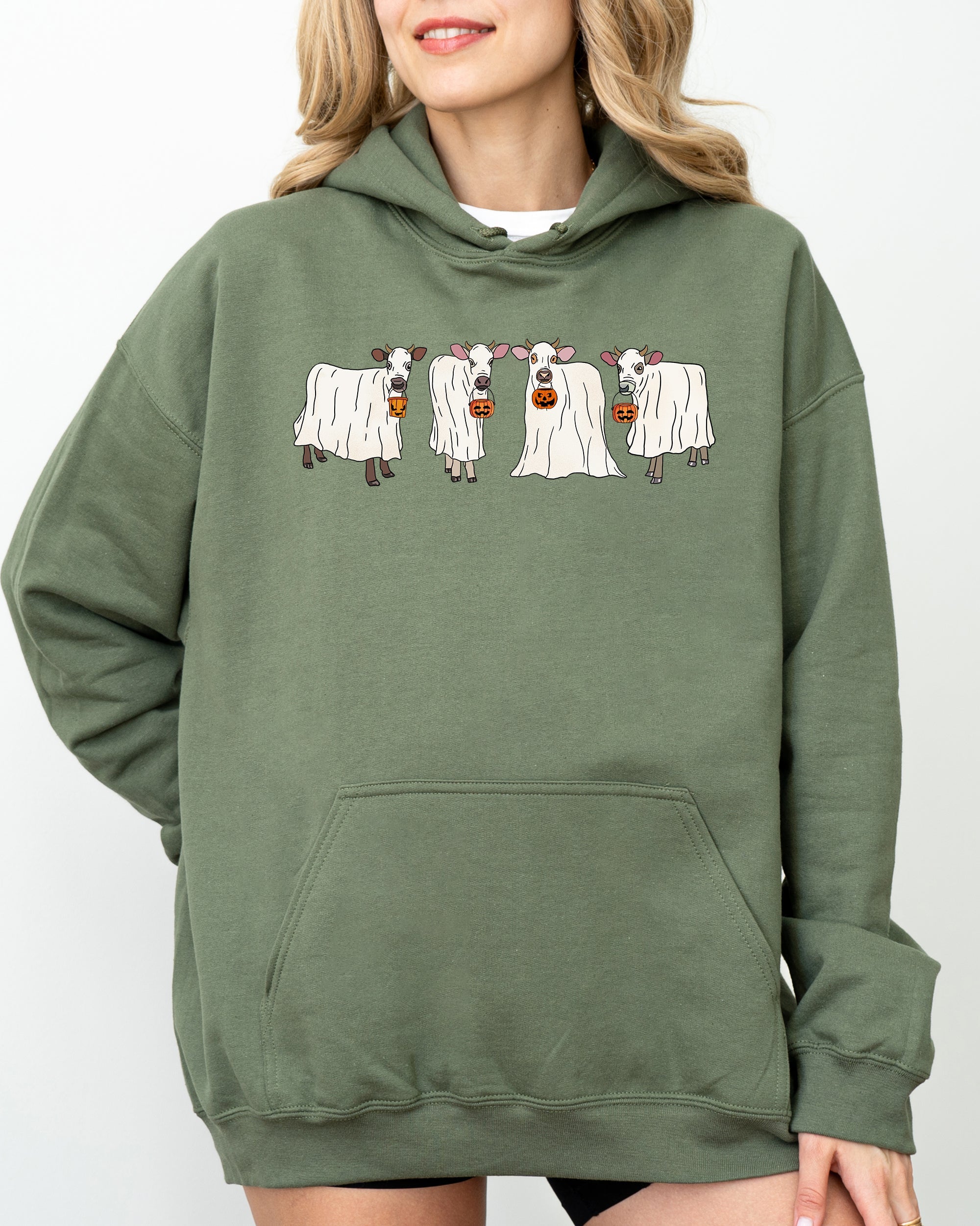 Ghost Cows Farm Skeleton Spooky Witch Halloween Costume Night Moonlit Haunted Harvest Mystic Edition Hoodie