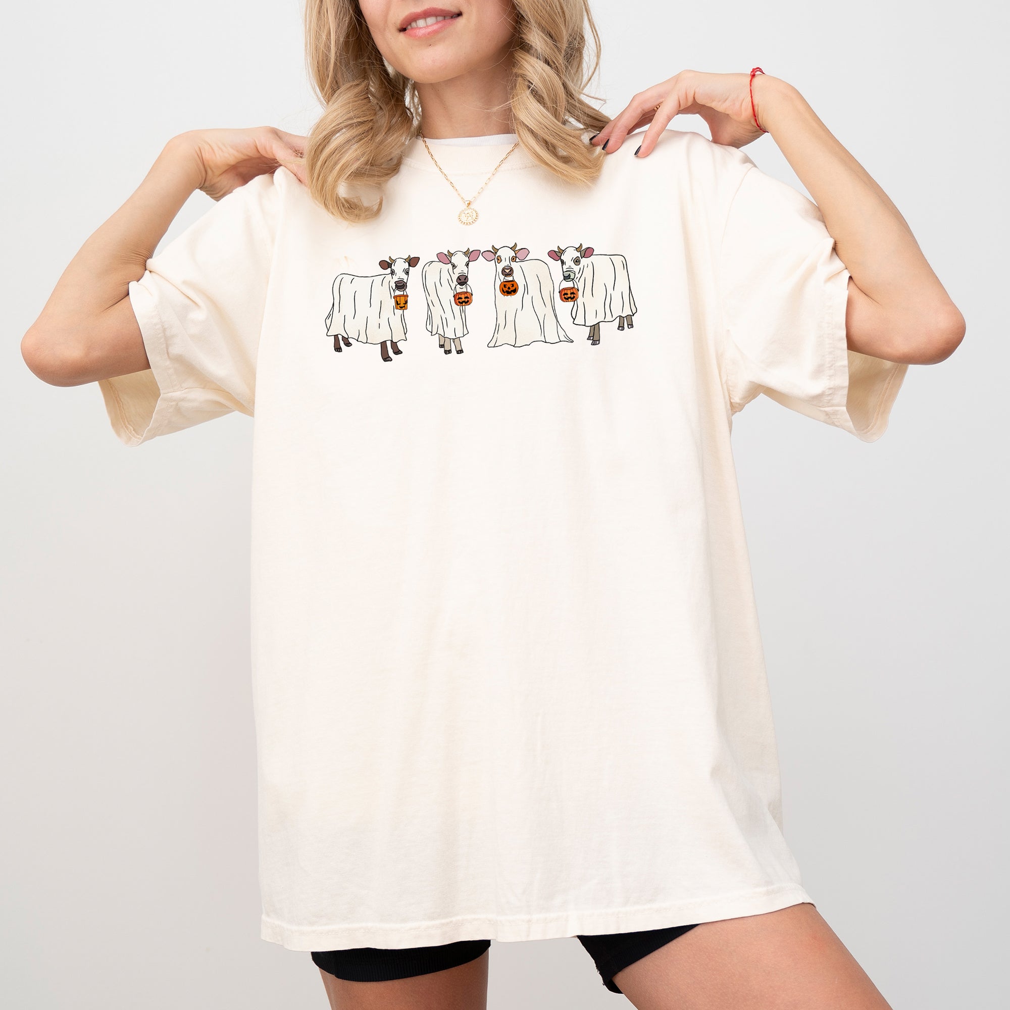 Ghost Cows Farm Skeleton Halloween Witch Meme Creepy Graphic Costume Comfort Colors Tee