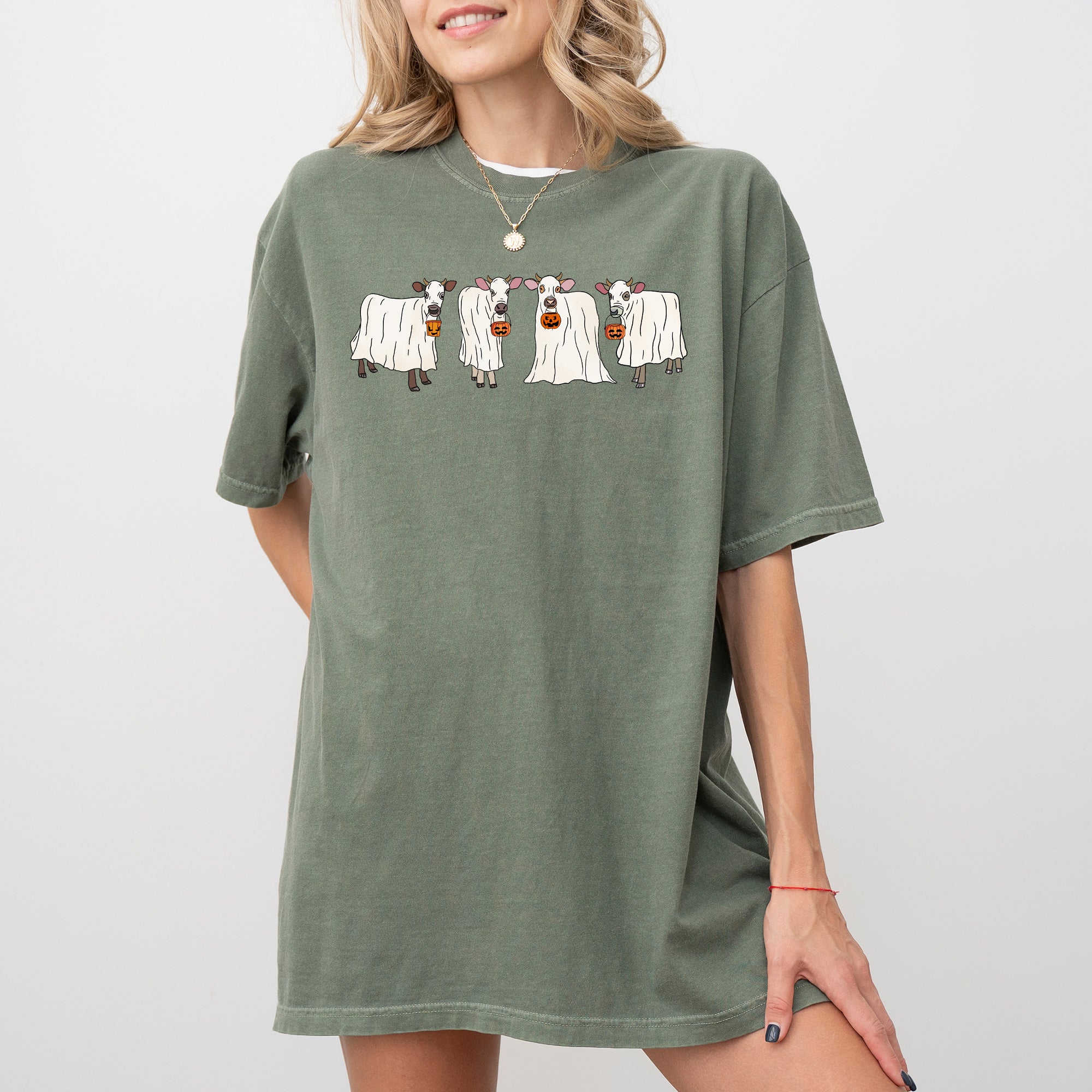 Ghost Cows Farm Skeleton Halloween Witch Meme Creepy Graphic Costume Comfort Colors Tee