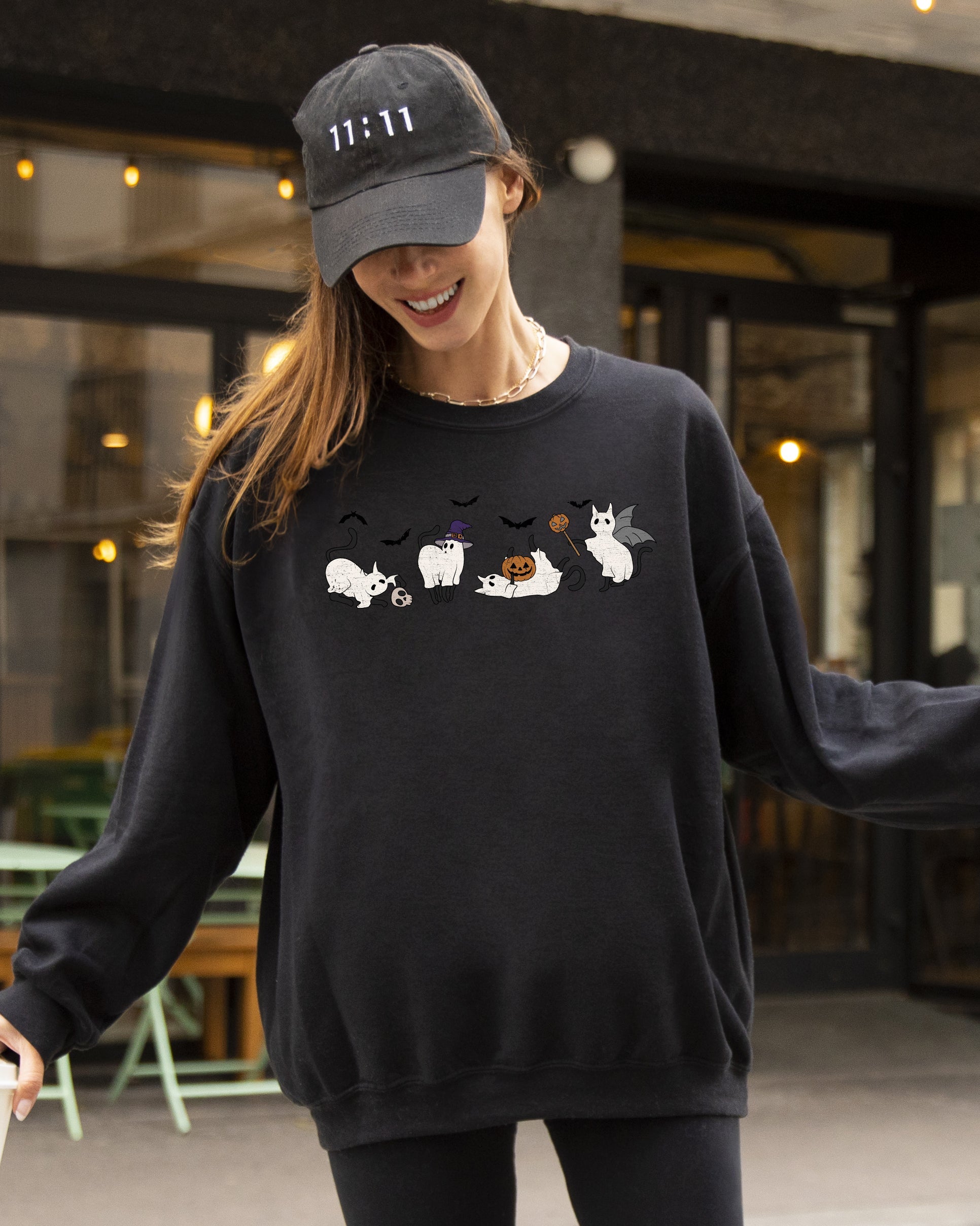 Mini Ghost Cats Farm Witch Skull Halloween Spooky Seasonal Favorite For Halloween Lovers Graphic Sweatshirt